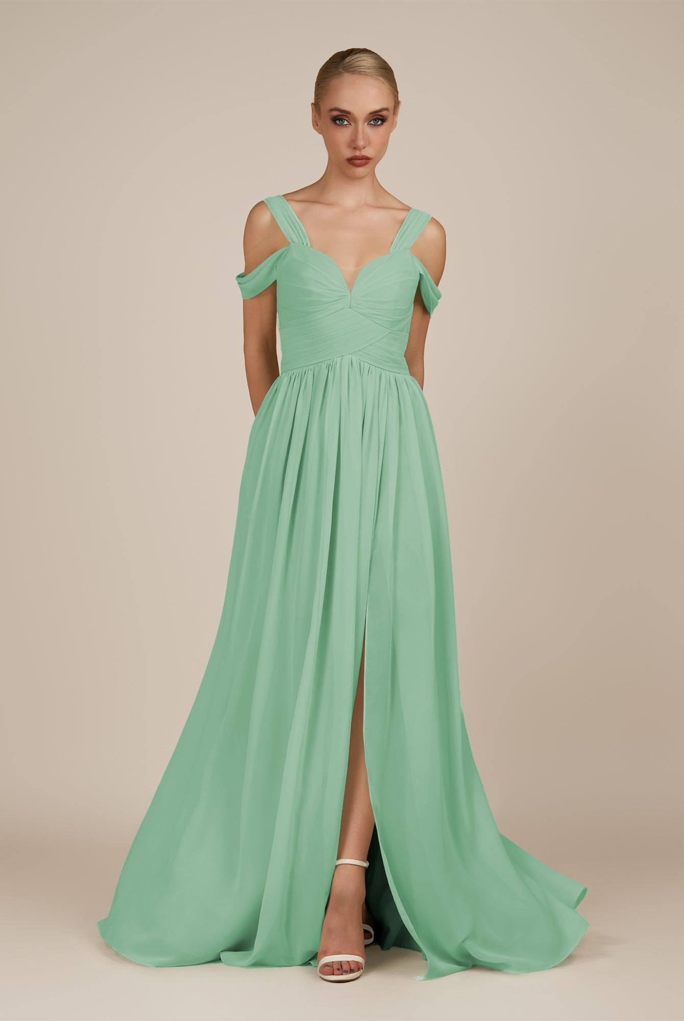 KissDress-Faye Pale Pistachio A Line Chiffon Off the Shoulder Pleated Long Bridesmaid Dress with Slit