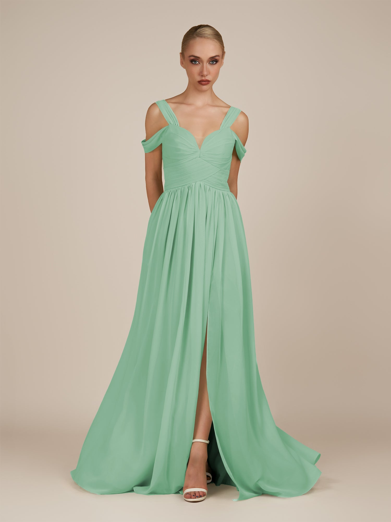 KissDress-Faye Pale Pistachio A Line Chiffon Off the Shoulder Pleated Long Bridesmaid Dress with Slit