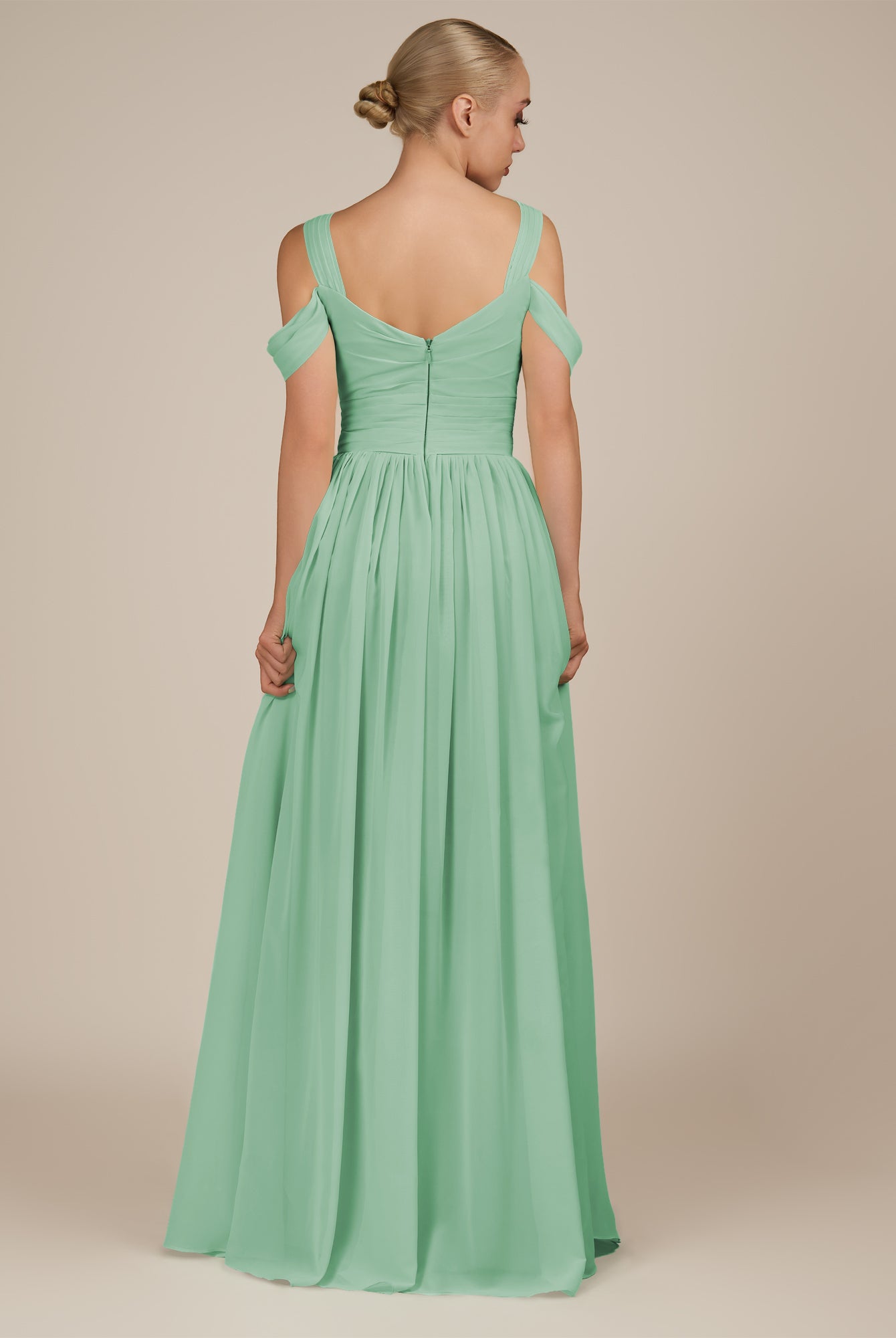 KissDress-Faye Pale Pistachio A Line Chiffon Off the Shoulder Pleated Long Bridesmaid Dress with Slit