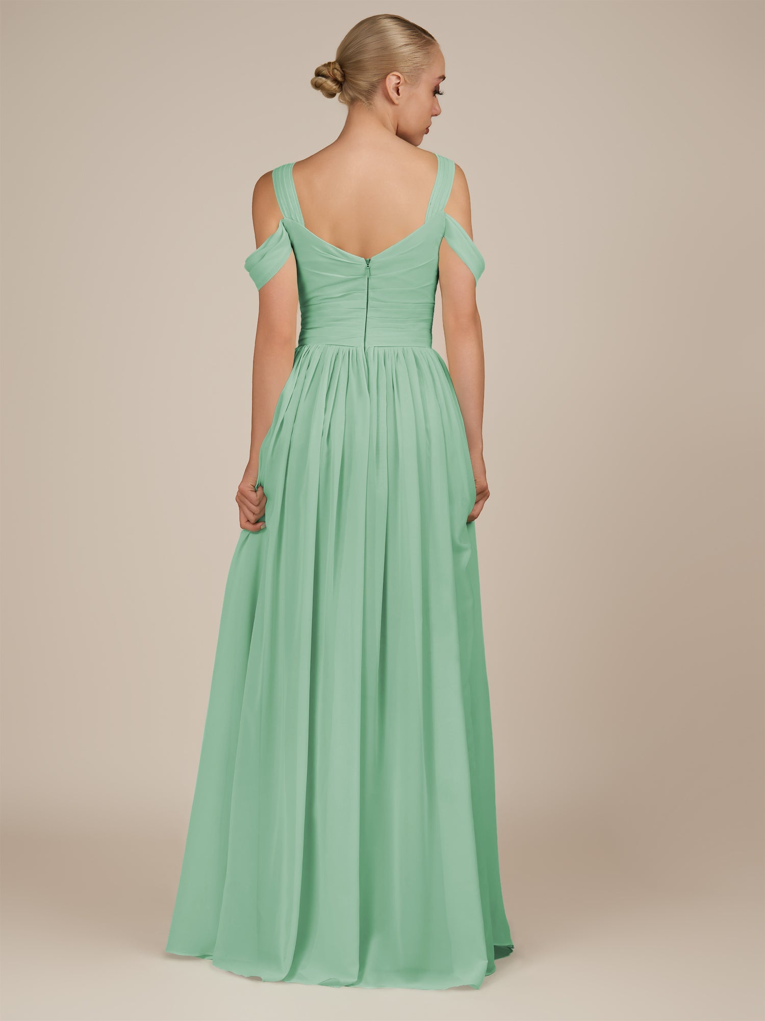 KissDress-Faye Pale Pistachio A Line Chiffon Off the Shoulder Pleated Long Bridesmaid Dress with Slit