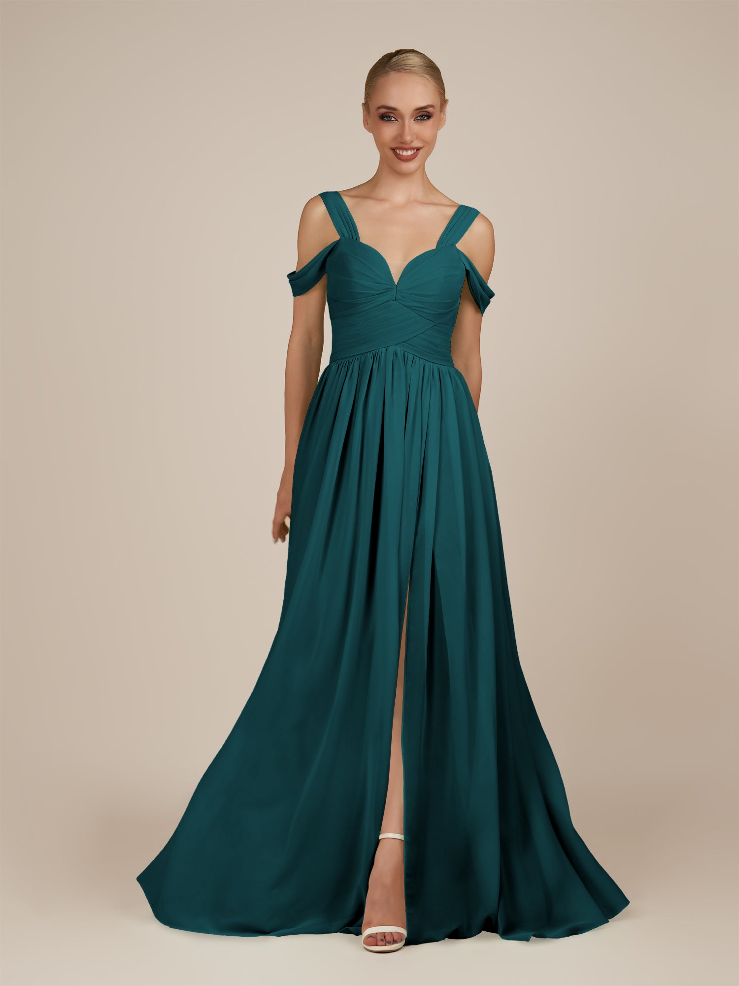KissDress-Faye Pine A Line Chiffon Off the Shoulder Pleated Long Bridesmaid Dress with Slit