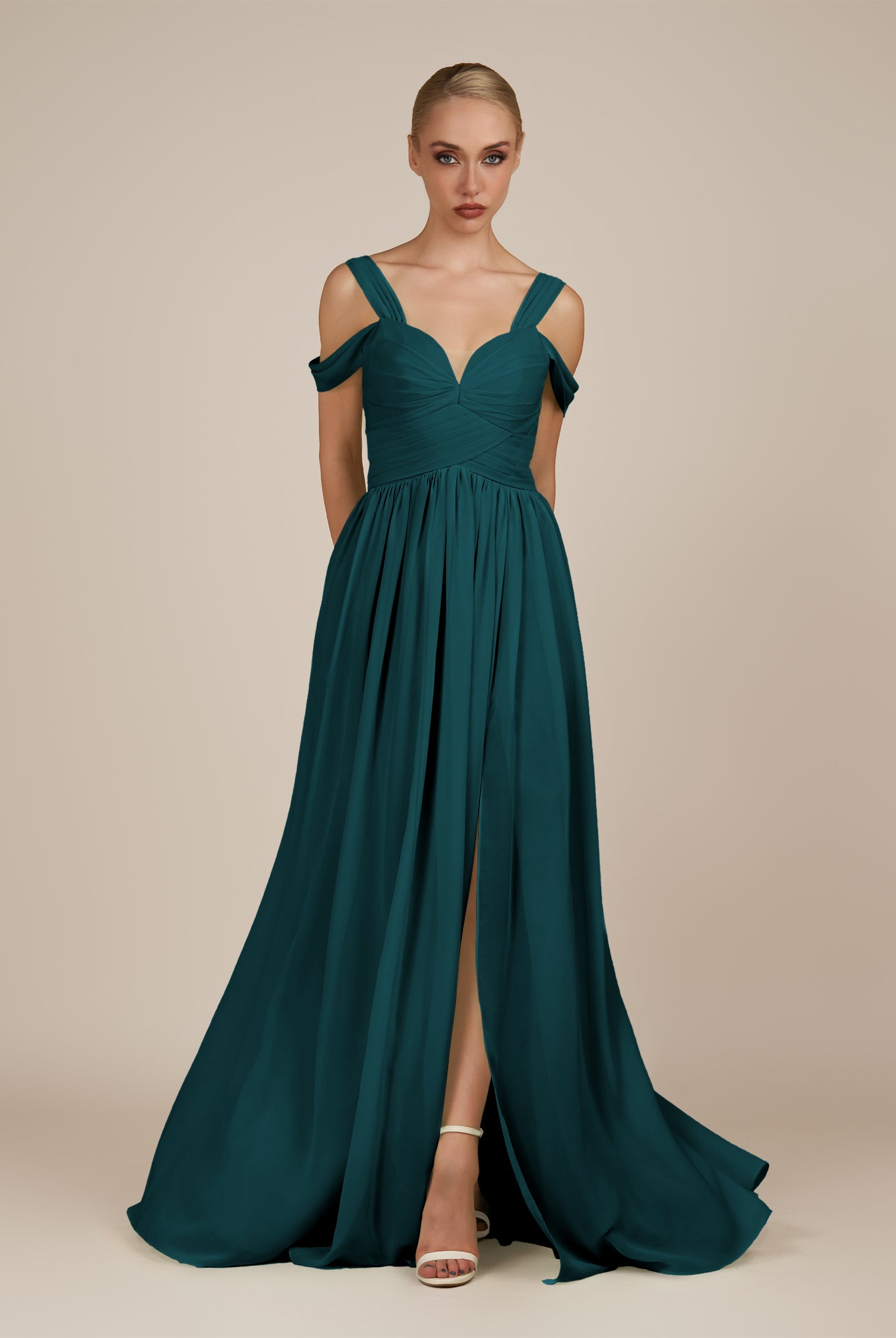 KissDress-Faye Pine A Line Chiffon Off the Shoulder Pleated Long Bridesmaid Dress with Slit