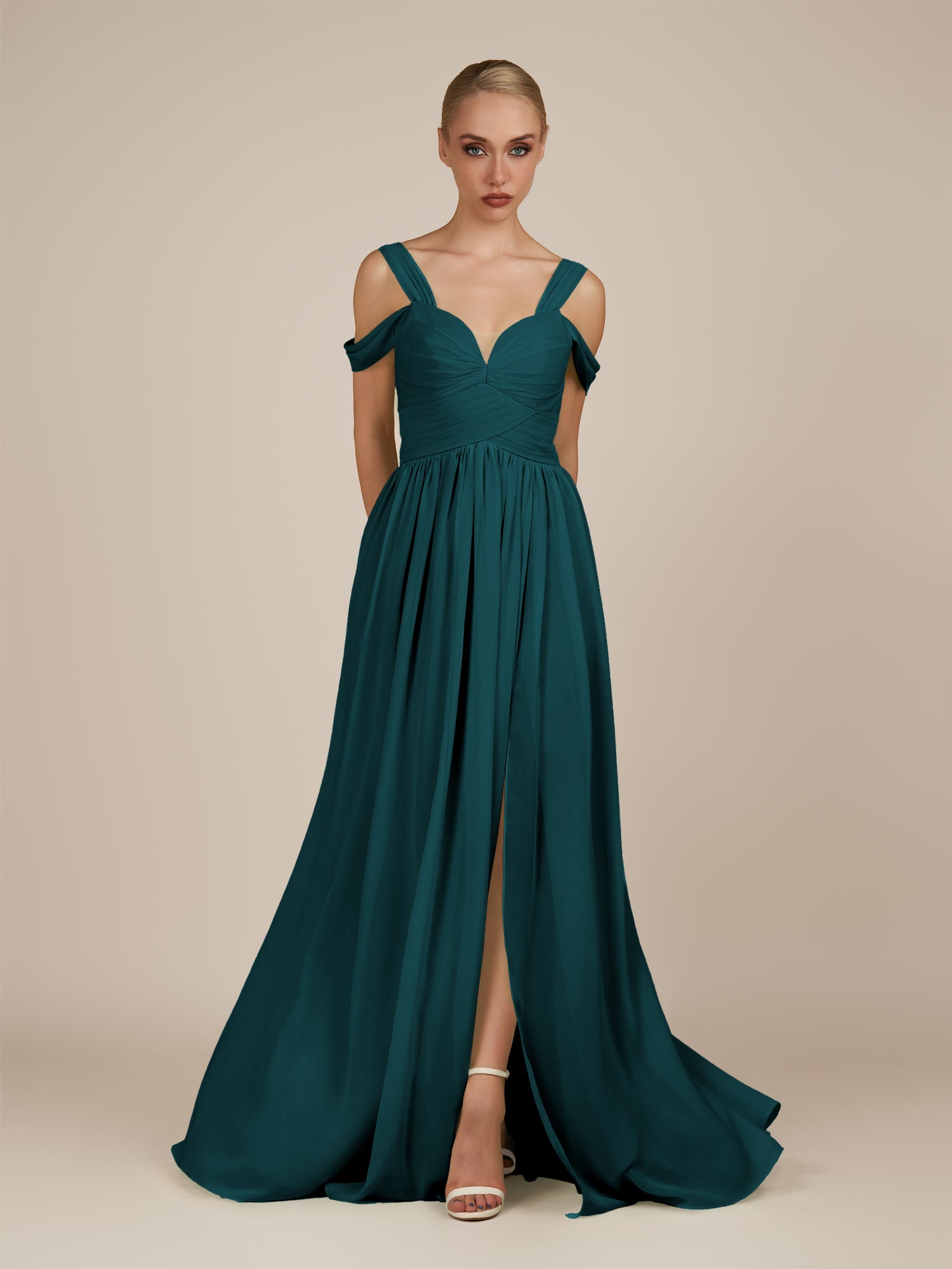 KissDress-Faye Pine A Line Chiffon Off the Shoulder Pleated Long Bridesmaid Dress with Slit