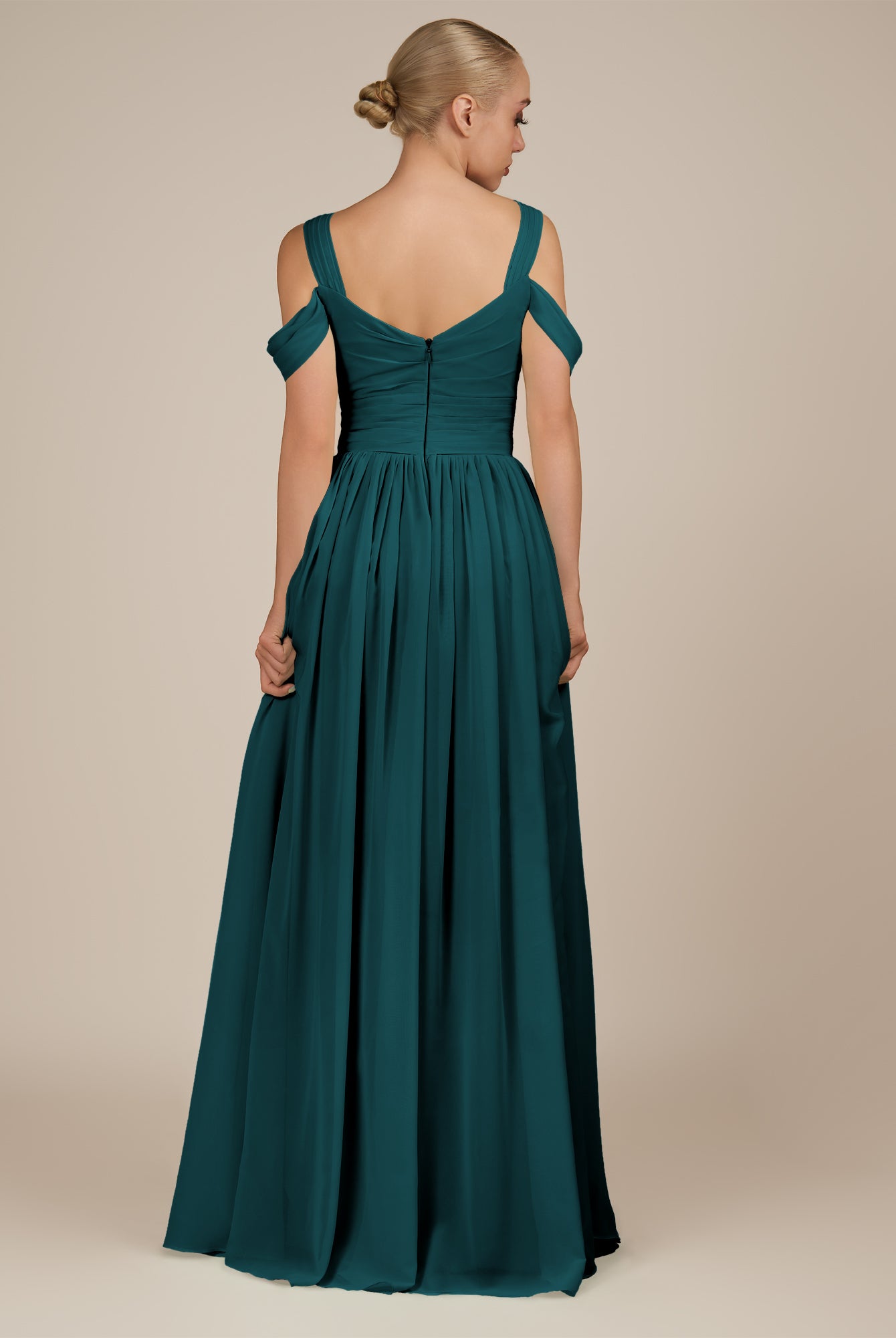 KissDress-Faye Pine A Line Chiffon Off the Shoulder Pleated Long Bridesmaid Dress with Slit