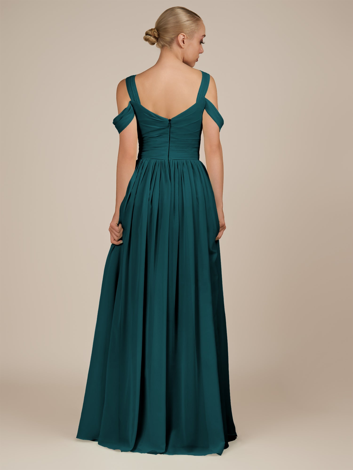 KissDress-Faye Pine A Line Chiffon Off the Shoulder Pleated Long Bridesmaid Dress with Slit