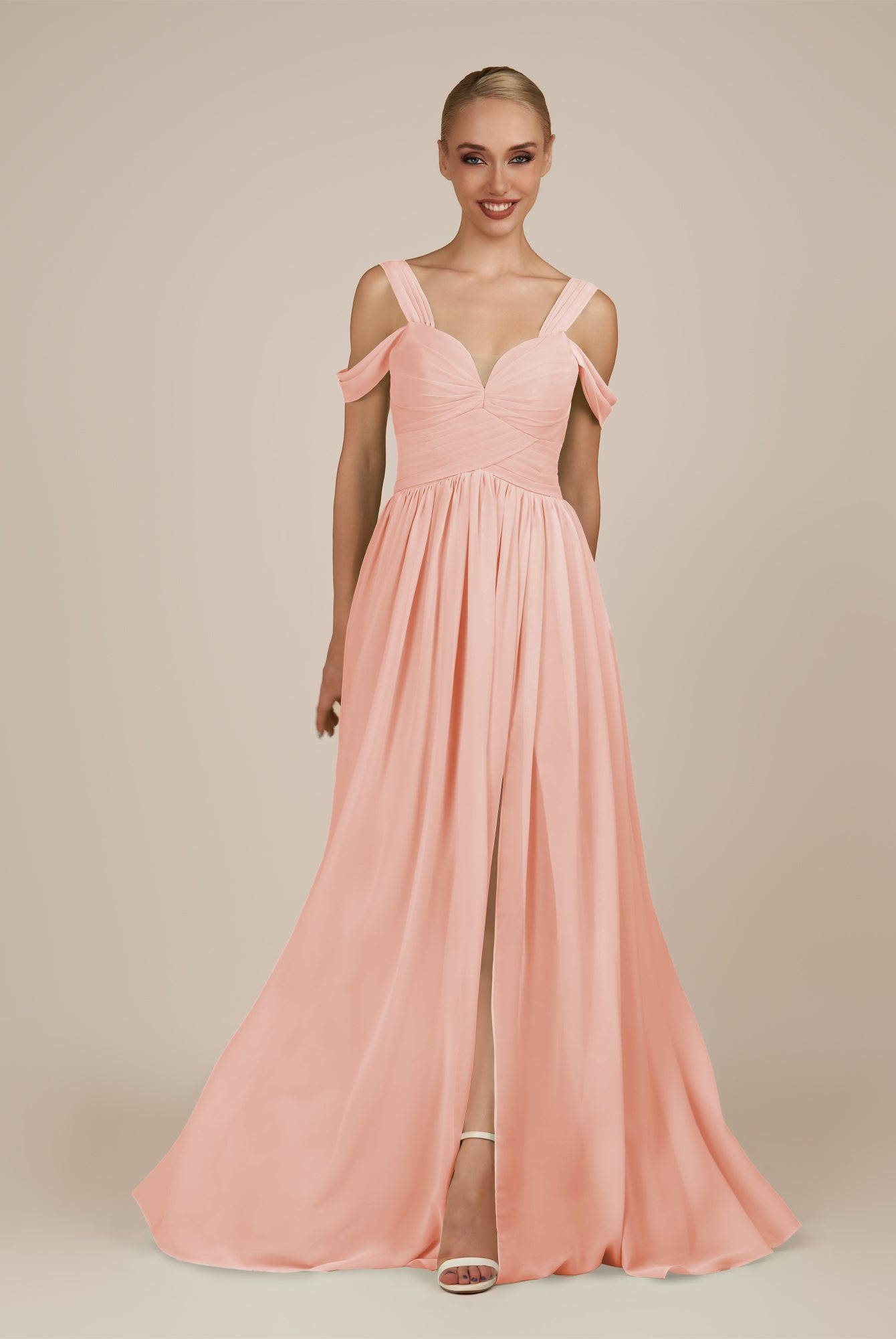 KissDress-Faye Rose Petal A Line Chiffon Off the Shoulder Pleated Long Bridesmaid Dress with Slit
