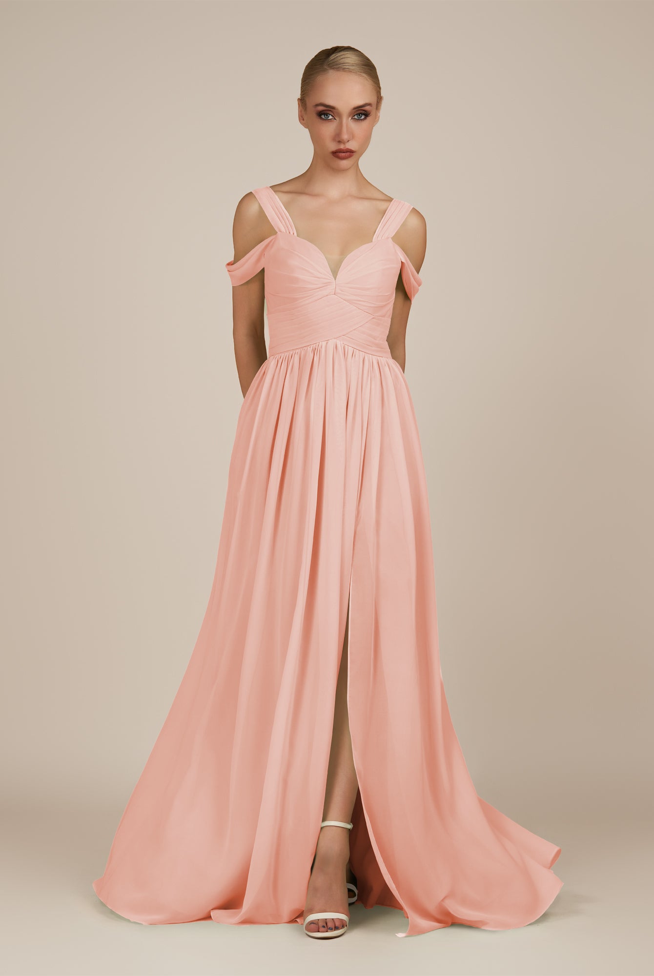 KissDress-Faye Rose Petal A Line Chiffon Off the Shoulder Pleated Long Bridesmaid Dress with Slit