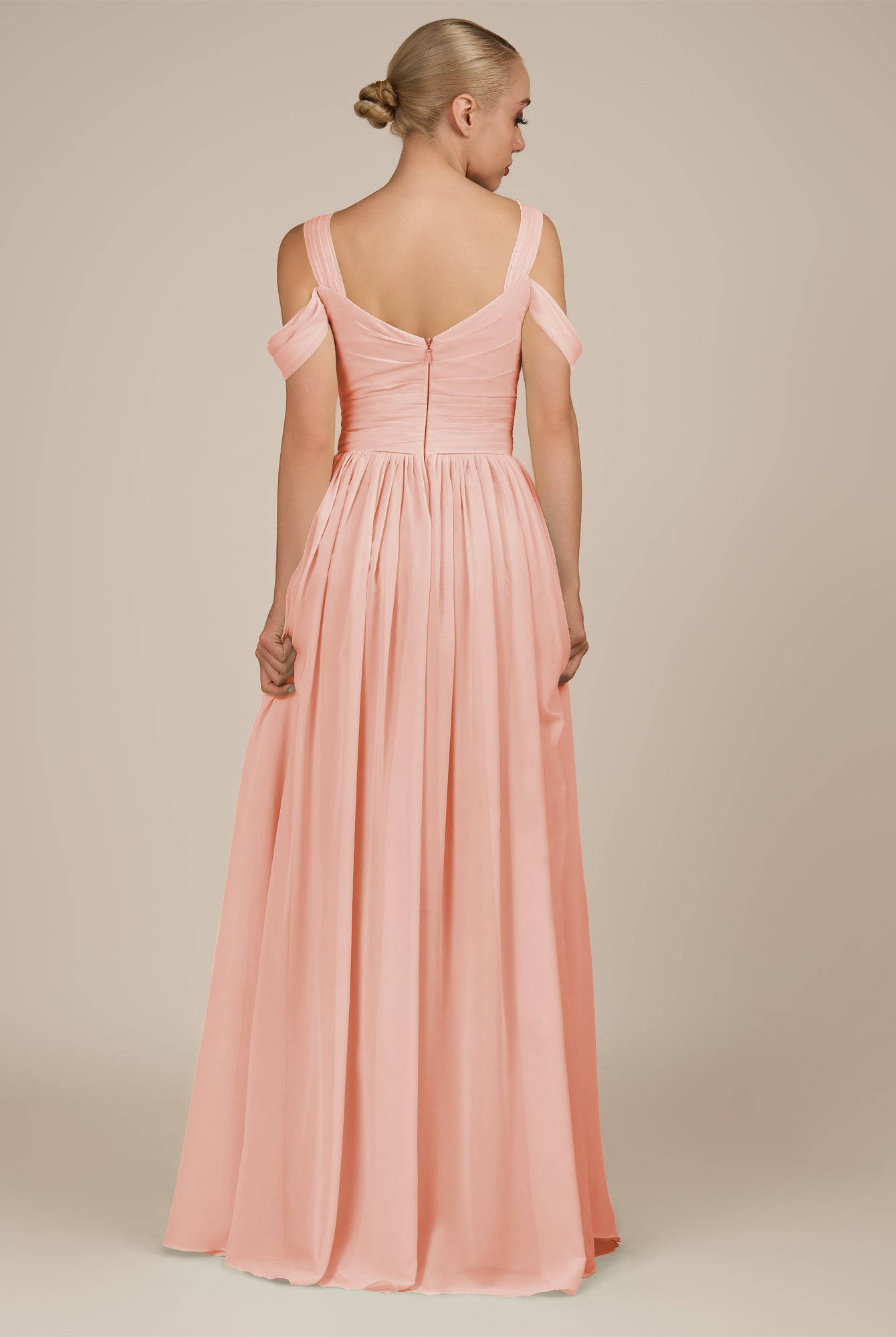 KissDress-Faye Rose Petal A Line Chiffon Off the Shoulder Pleated Long Bridesmaid Dress with Slit