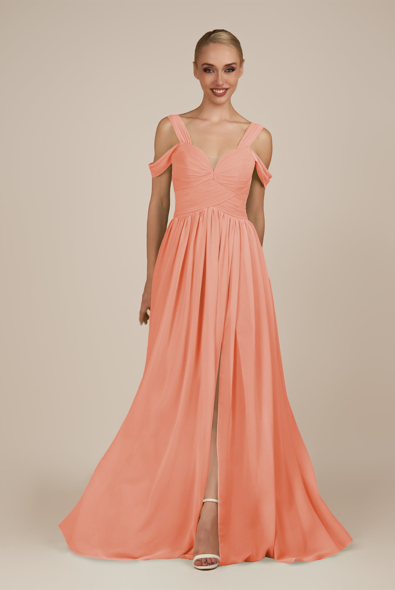 KissDress-Faye Rosette A Line Chiffon Off the Shoulder Pleated Long Bridesmaid Dress with Slit