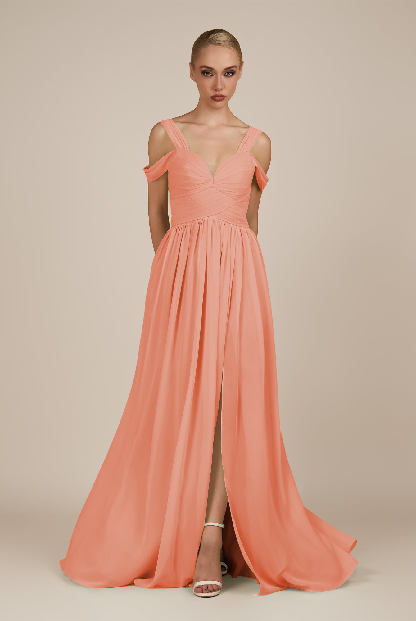 KissDress-Faye Rosette A Line Chiffon Off the Shoulder Pleated Long Bridesmaid Dress with Slit
