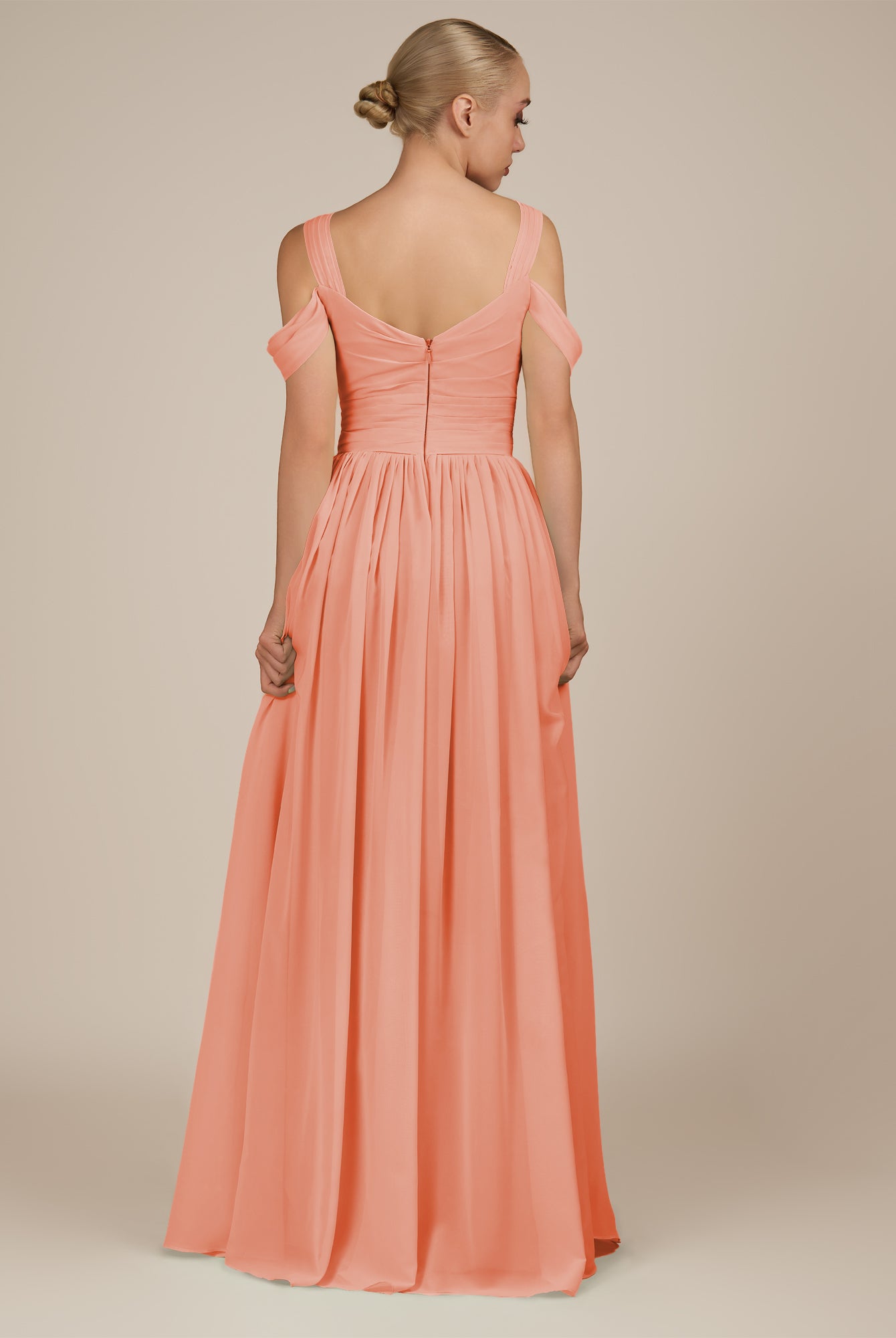 KissDress-Faye Rosette A Line Chiffon Off the Shoulder Pleated Long Bridesmaid Dress with Slit