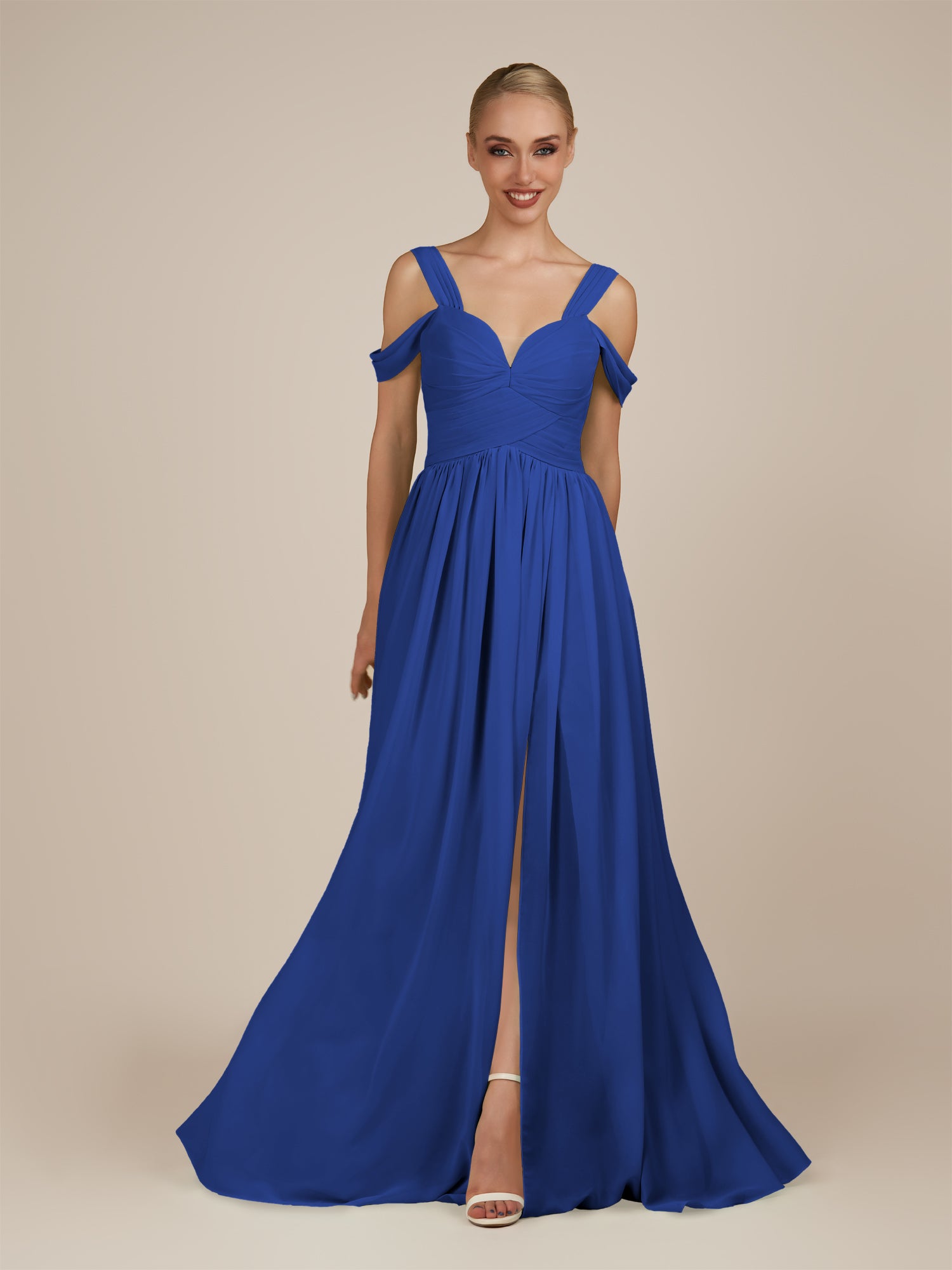 KissDress-Faye Royal Blue A Line Chiffon Off the Shoulder Pleated Long Bridesmaid Dress with Slit