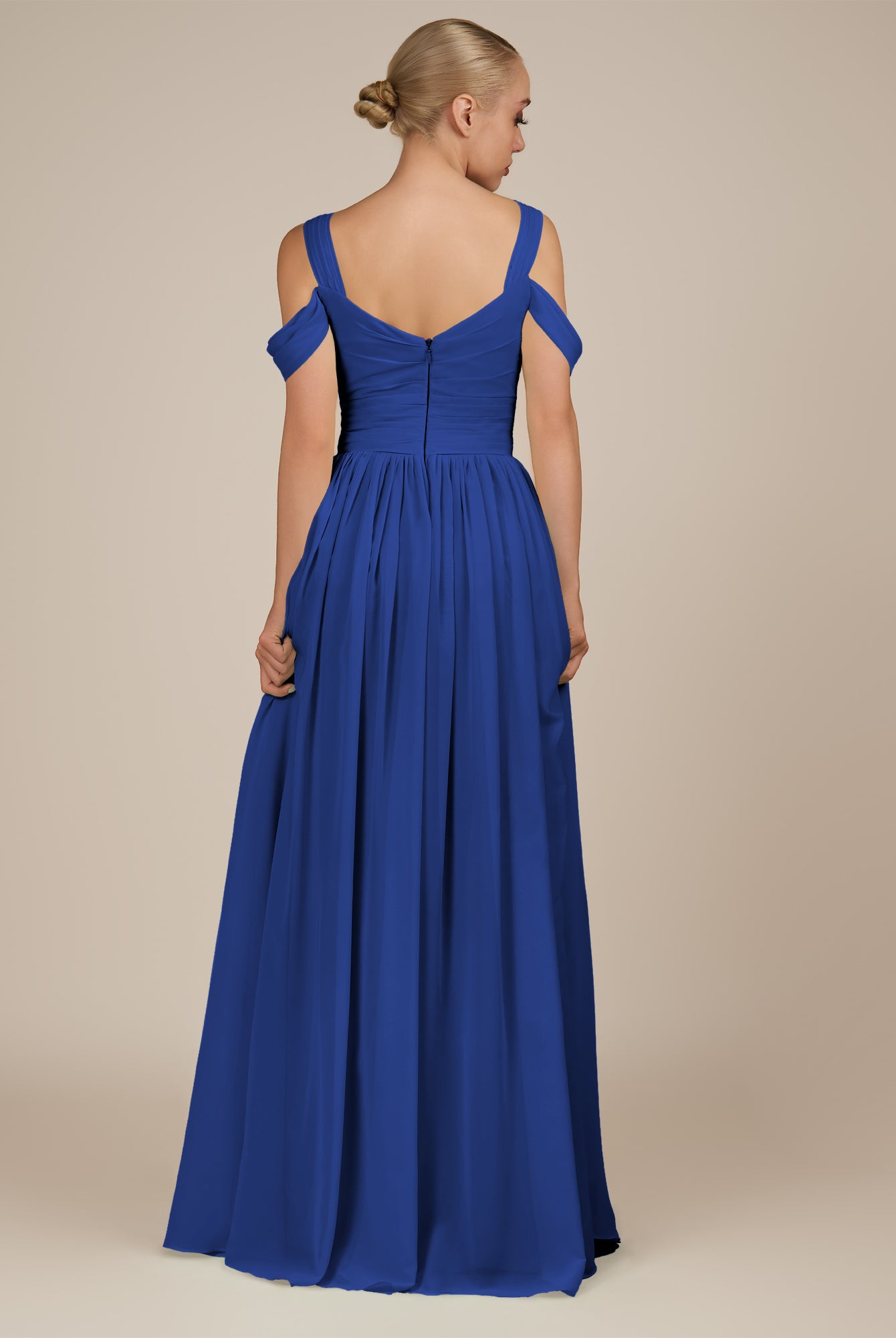 KissDress-Faye Royal Blue A Line Chiffon Off the Shoulder Pleated Long Bridesmaid Dress with Slit