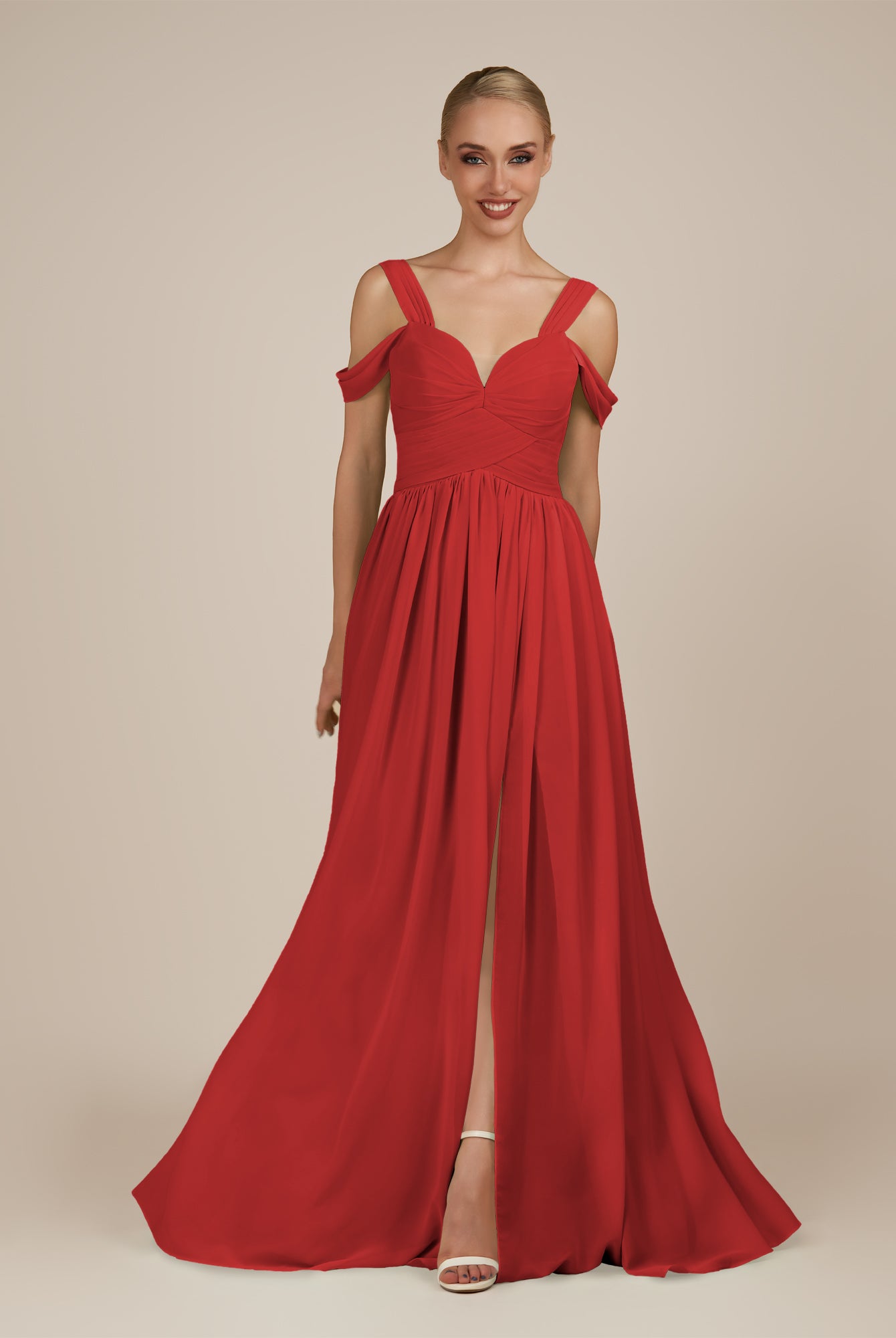 KissDress-Faye Ruby Red A Line Chiffon Off the Shoulder Pleated Long Bridesmaid Dress with Slit