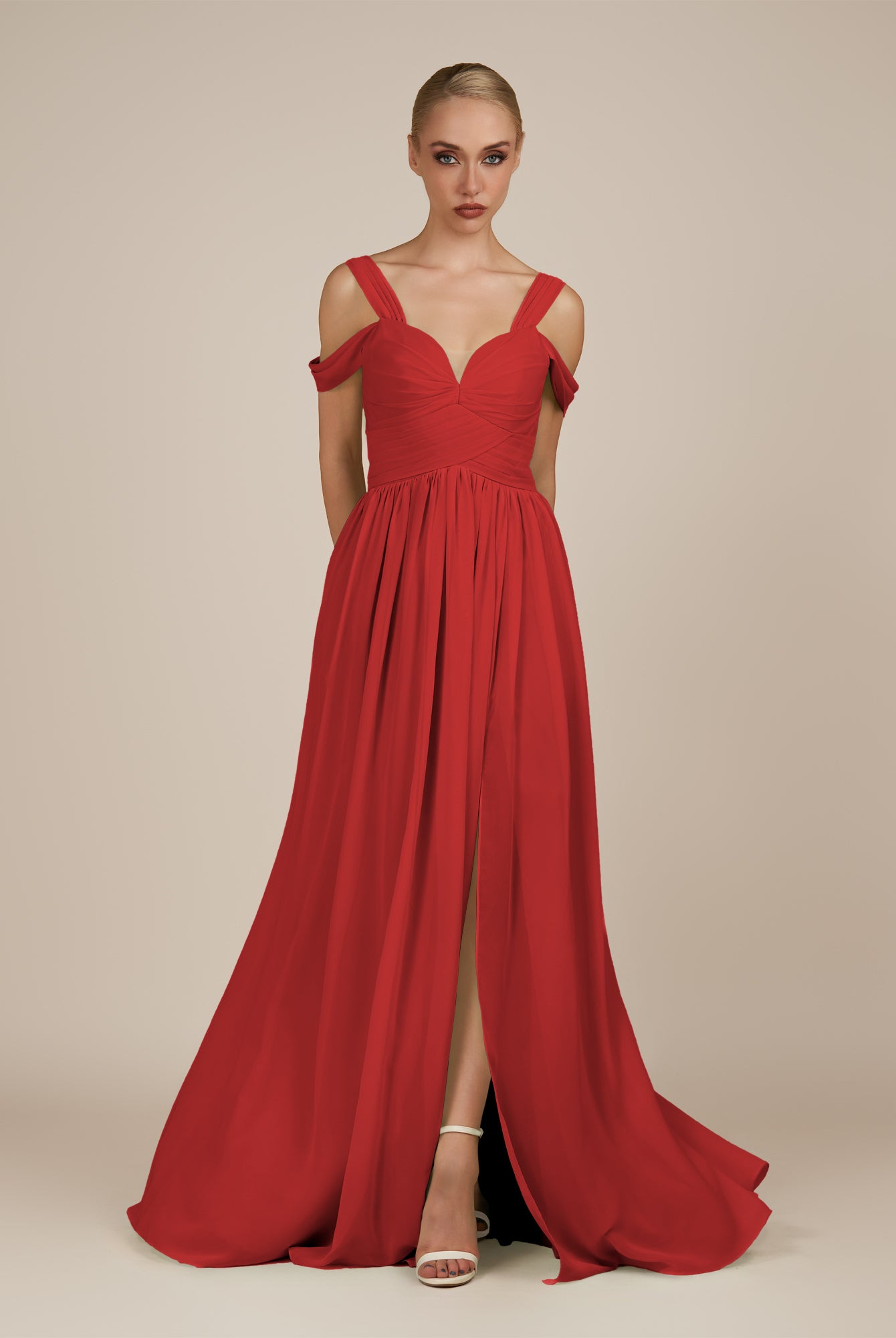 KissDress-Faye Ruby Red A Line Chiffon Off the Shoulder Pleated Long Bridesmaid Dress with Slit