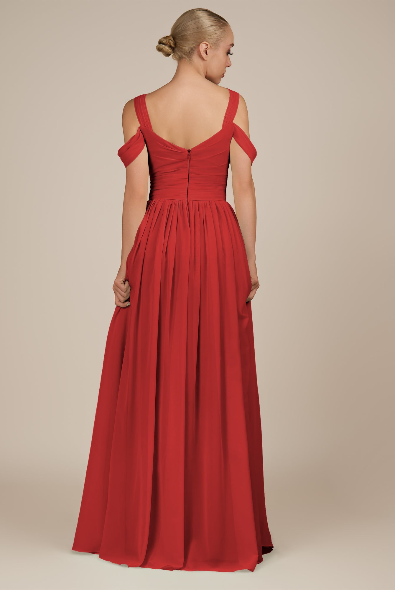KissDress-Faye Ruby Red A Line Chiffon Off the Shoulder Pleated Long Bridesmaid Dress with Slit