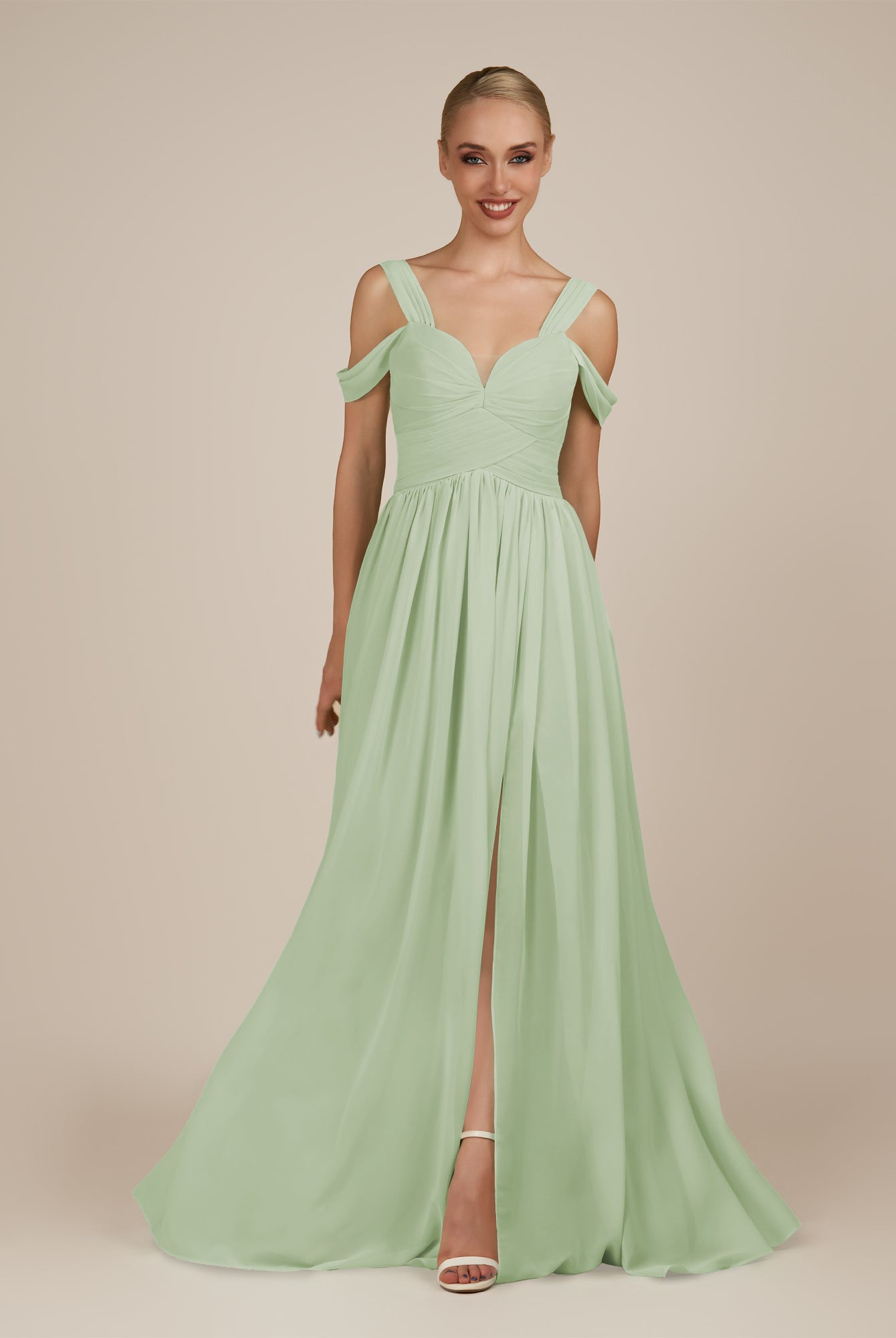 KissDress-Faye Sage A Line Chiffon Off the Shoulder Pleated Long Bridesmaid Dress with Slit