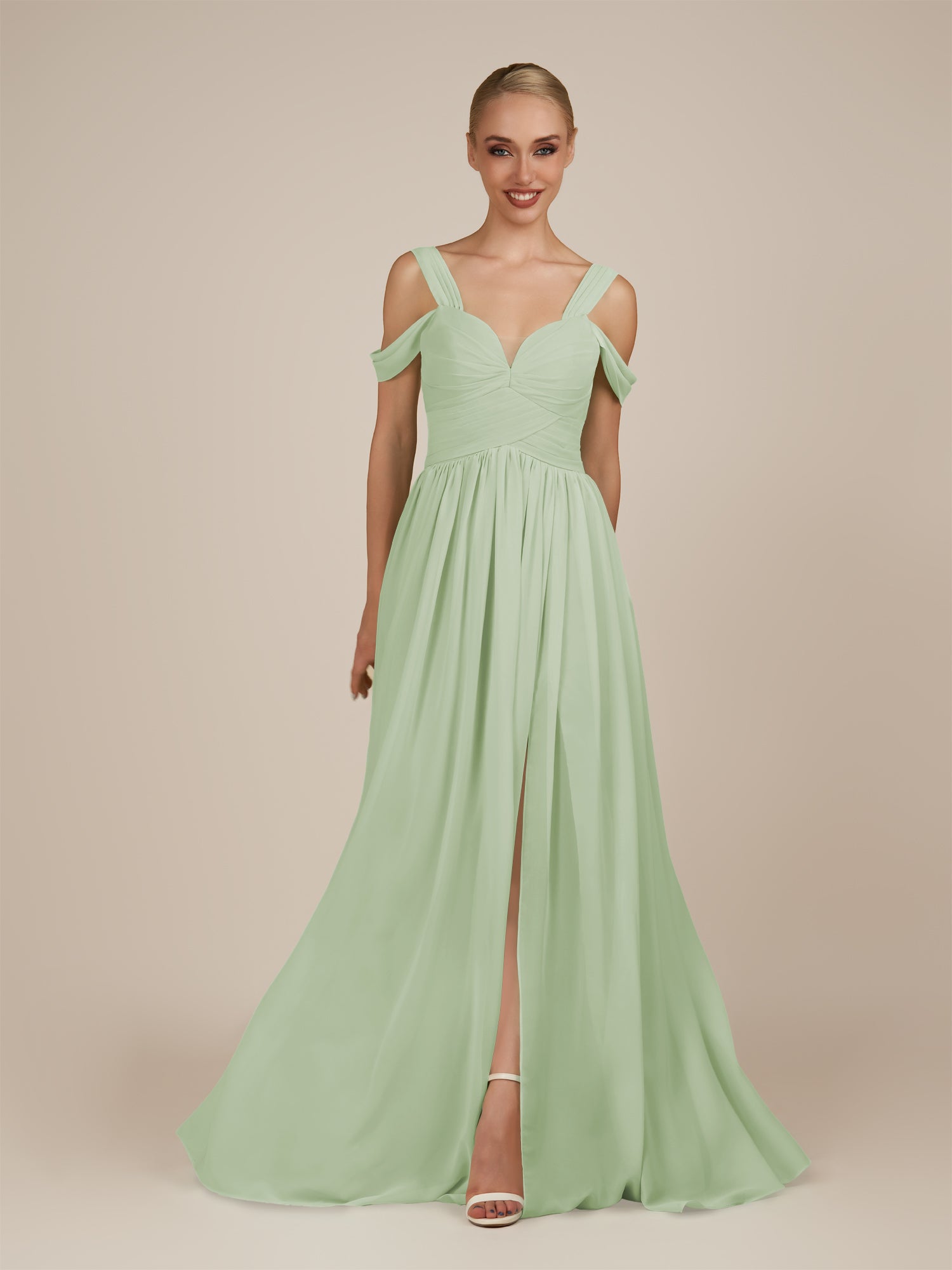 KissDress-Faye Sage A Line Chiffon Off the Shoulder Pleated Long Bridesmaid Dress with Slit