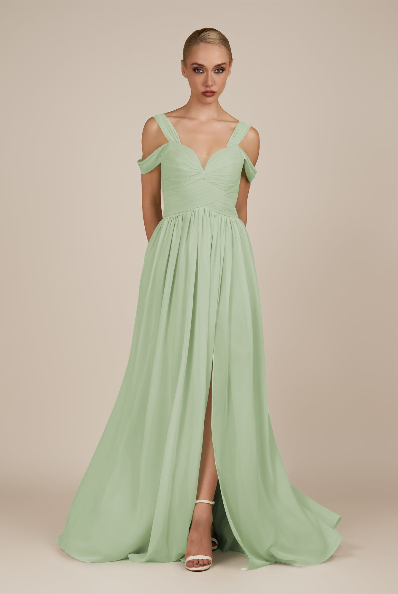 KissDress-Faye Sage A Line Chiffon Off the Shoulder Pleated Long Bridesmaid Dress with Slit