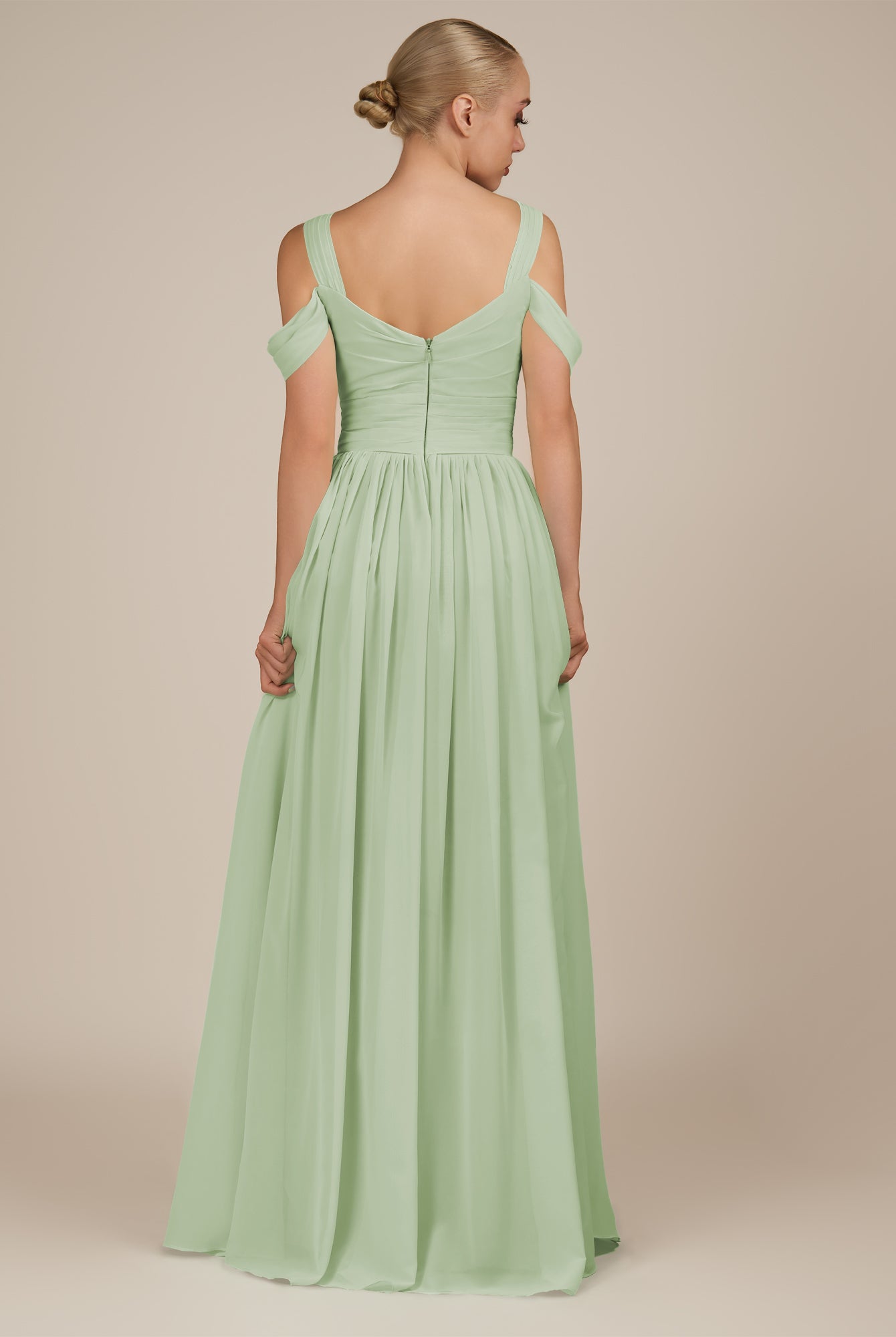 KissDress-Faye Sage A Line Chiffon Off the Shoulder Pleated Long Bridesmaid Dress with Slit