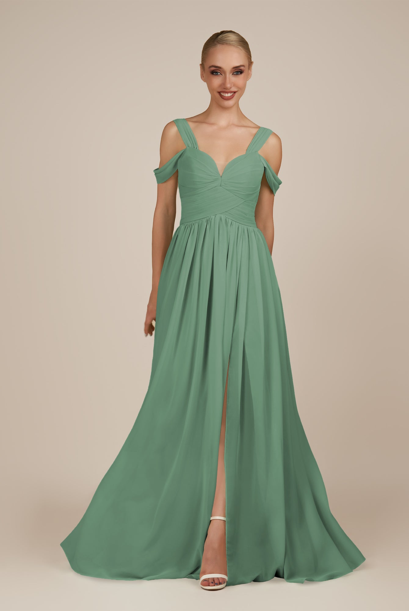 KissDress-Faye Sea Glass A Line Chiffon Off the Shoulder Pleated Long Bridesmaid Dress with Slit