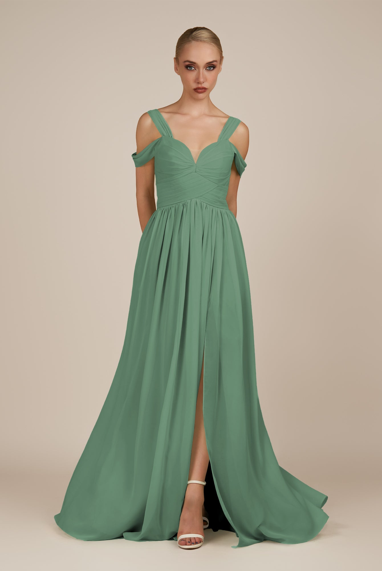 KissDress-Faye Sea Glass A Line Chiffon Off the Shoulder Pleated Long Bridesmaid Dress with Slit