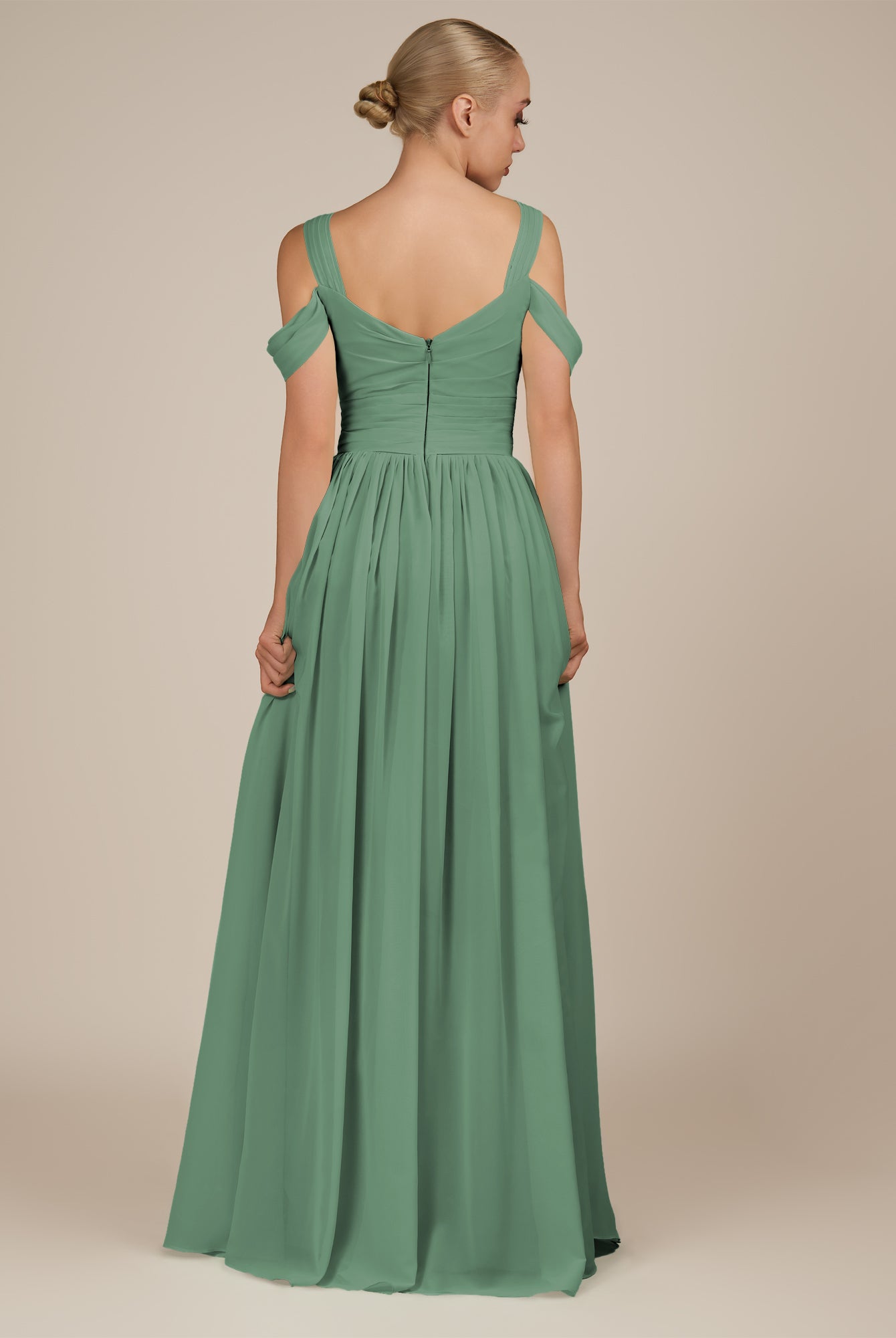 KissDress-Faye Sea Glass A Line Chiffon Off the Shoulder Pleated Long Bridesmaid Dress with Slit