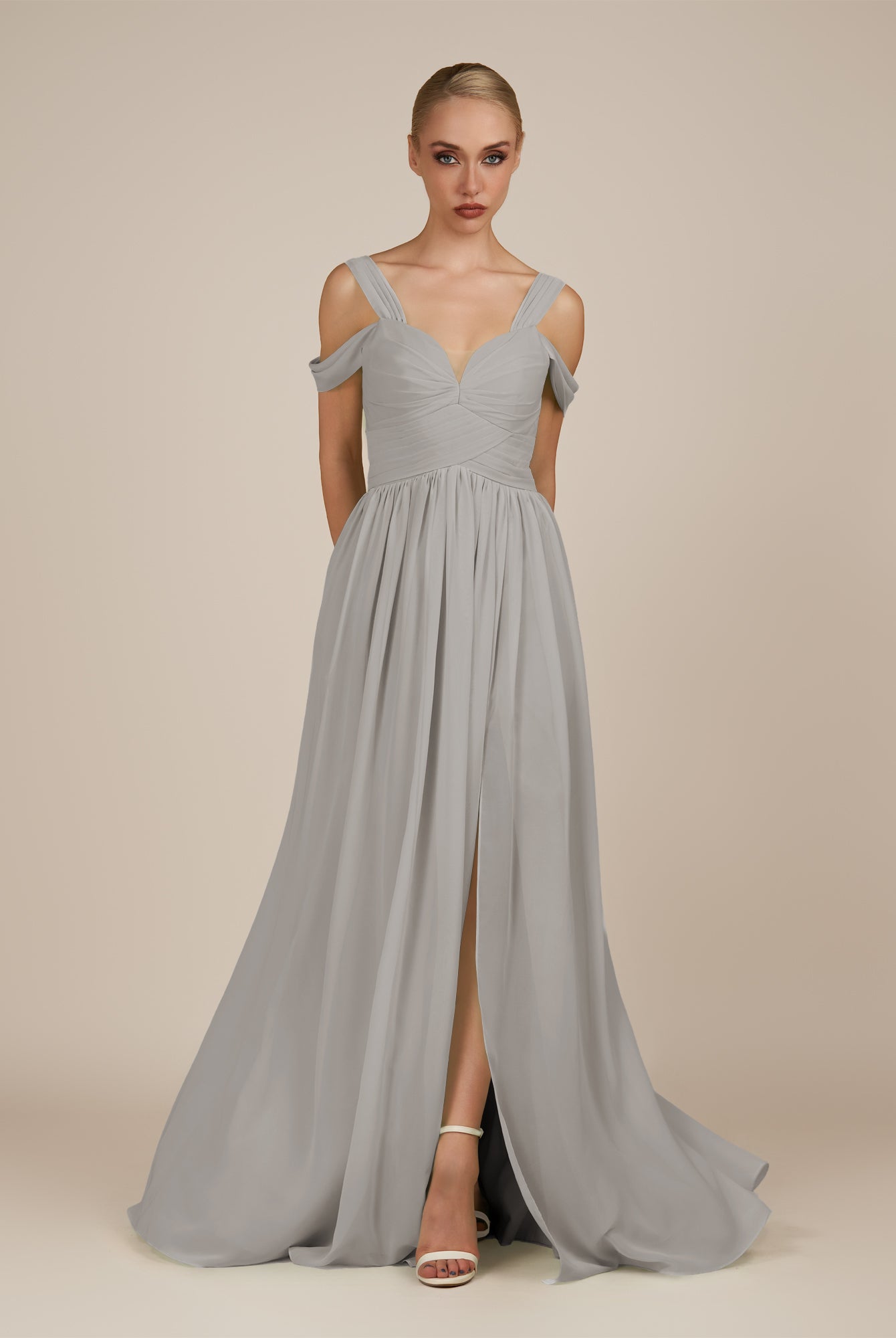 KissDress-Faye Silver A Line Chiffon Off the Shoulder Pleated Long Bridesmaid Dress with Slit