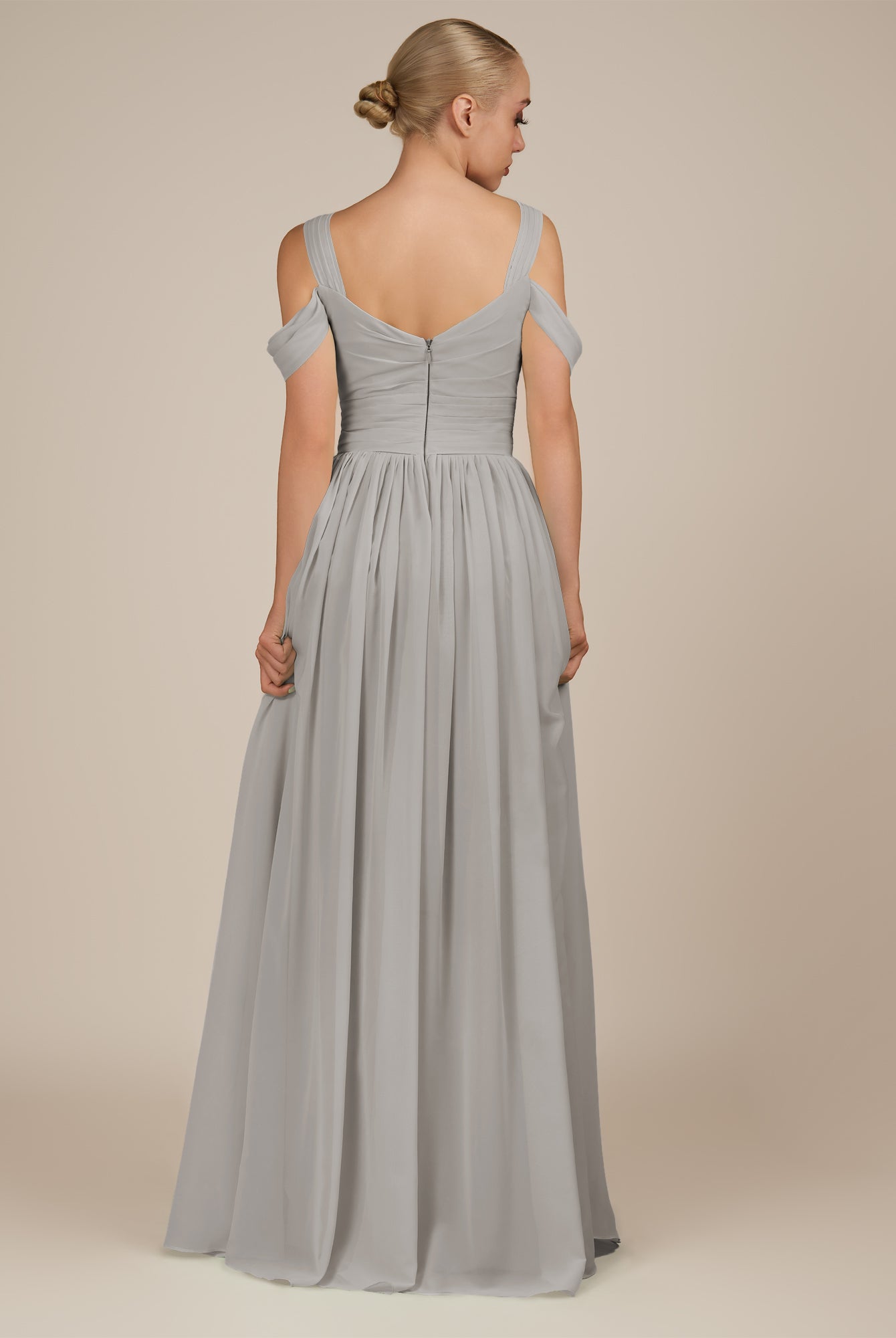 KissDress-Faye Silver A Line Chiffon Off the Shoulder Pleated Long Bridesmaid Dress with Slit