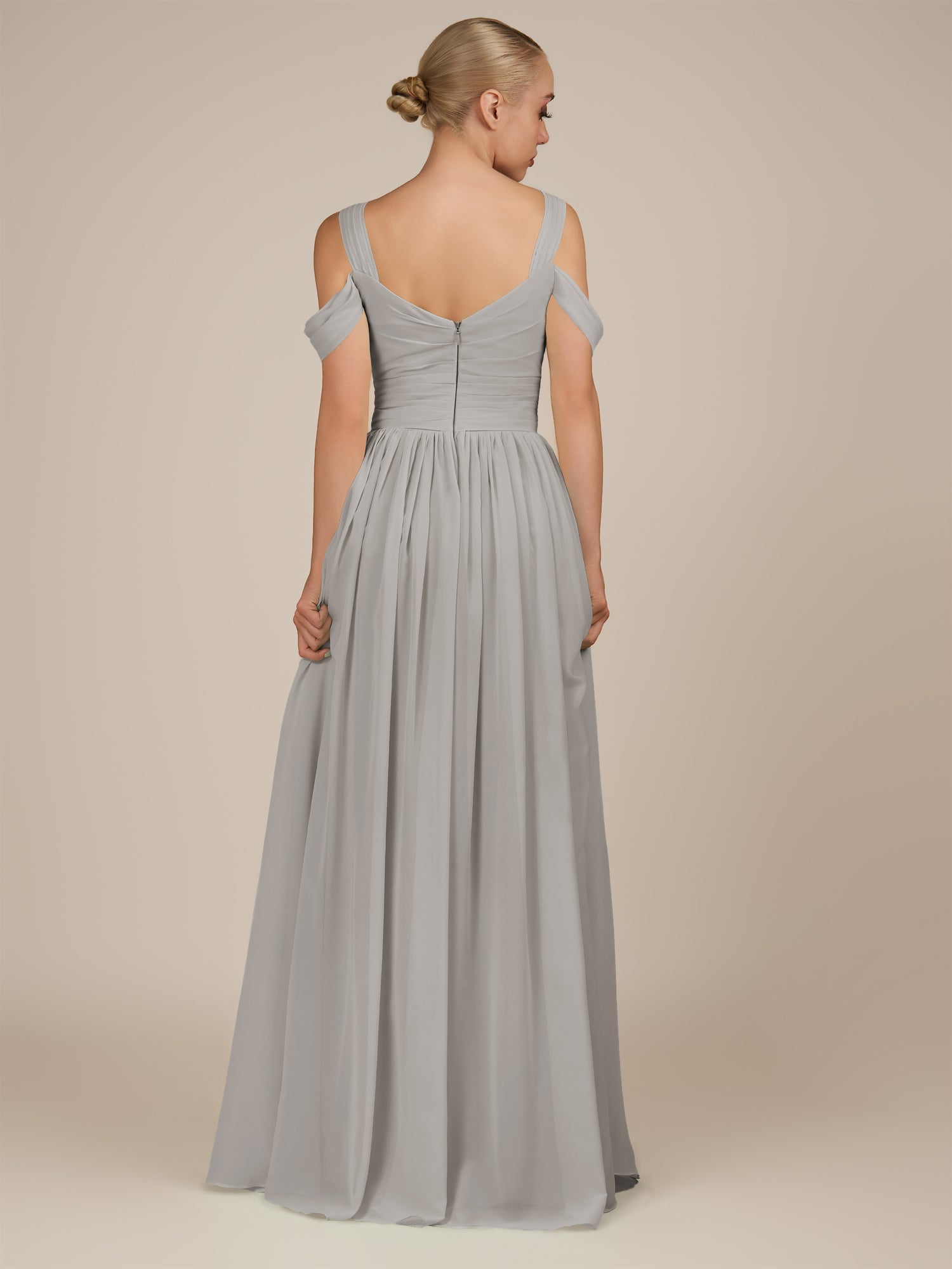 KissDress-Faye Silver A Line Chiffon Off the Shoulder Pleated Long Bridesmaid Dress with Slit