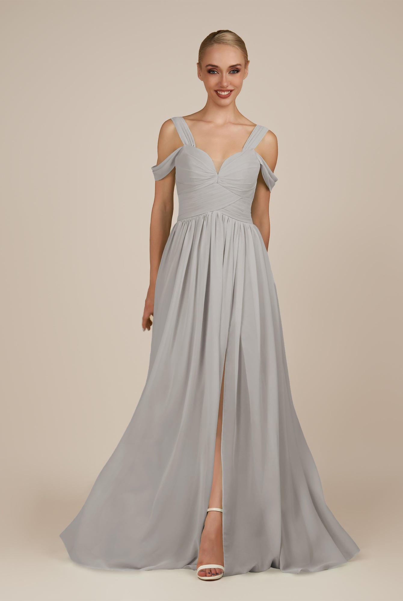 KissDress-Faye Silver A Line Chiffon Off the Shoulder Pleated Long Bridesmaid Dress with Slit