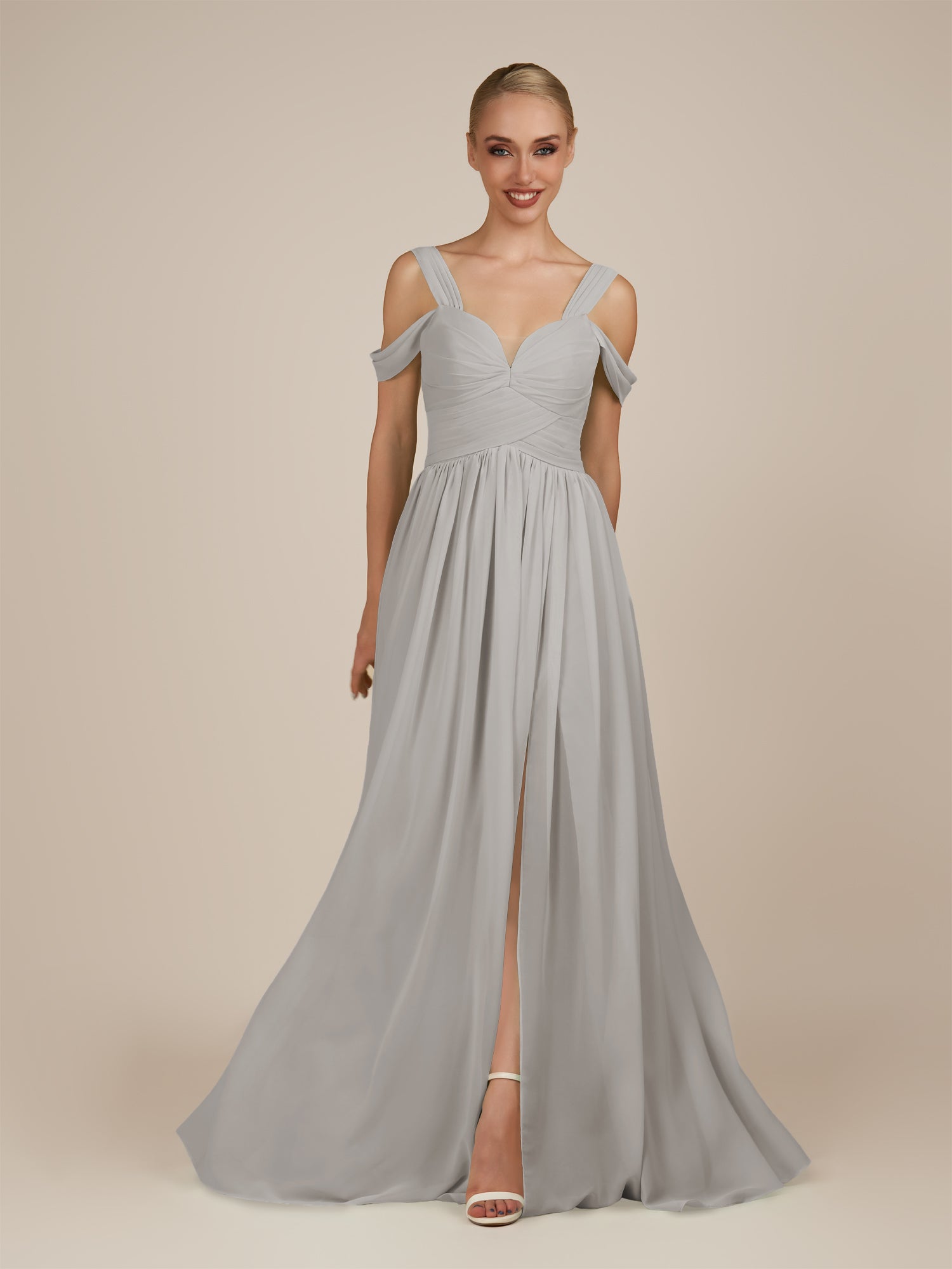 KissDress-Faye Silver A Line Chiffon Off the Shoulder Pleated Long Bridesmaid Dress with Slit