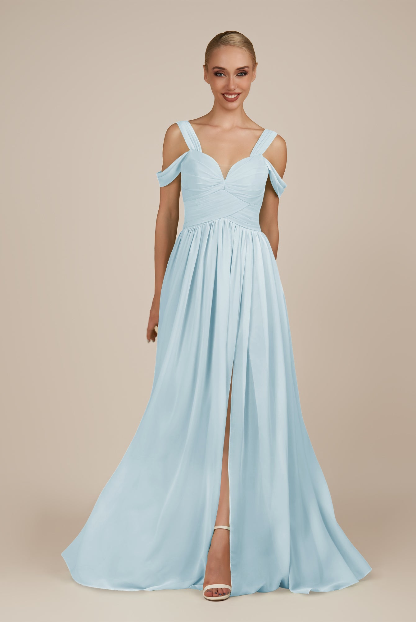 KissDress-Faye Sky Blue A Line Chiffon Off the Shoulder Pleated Long Bridesmaid Dress with Slit