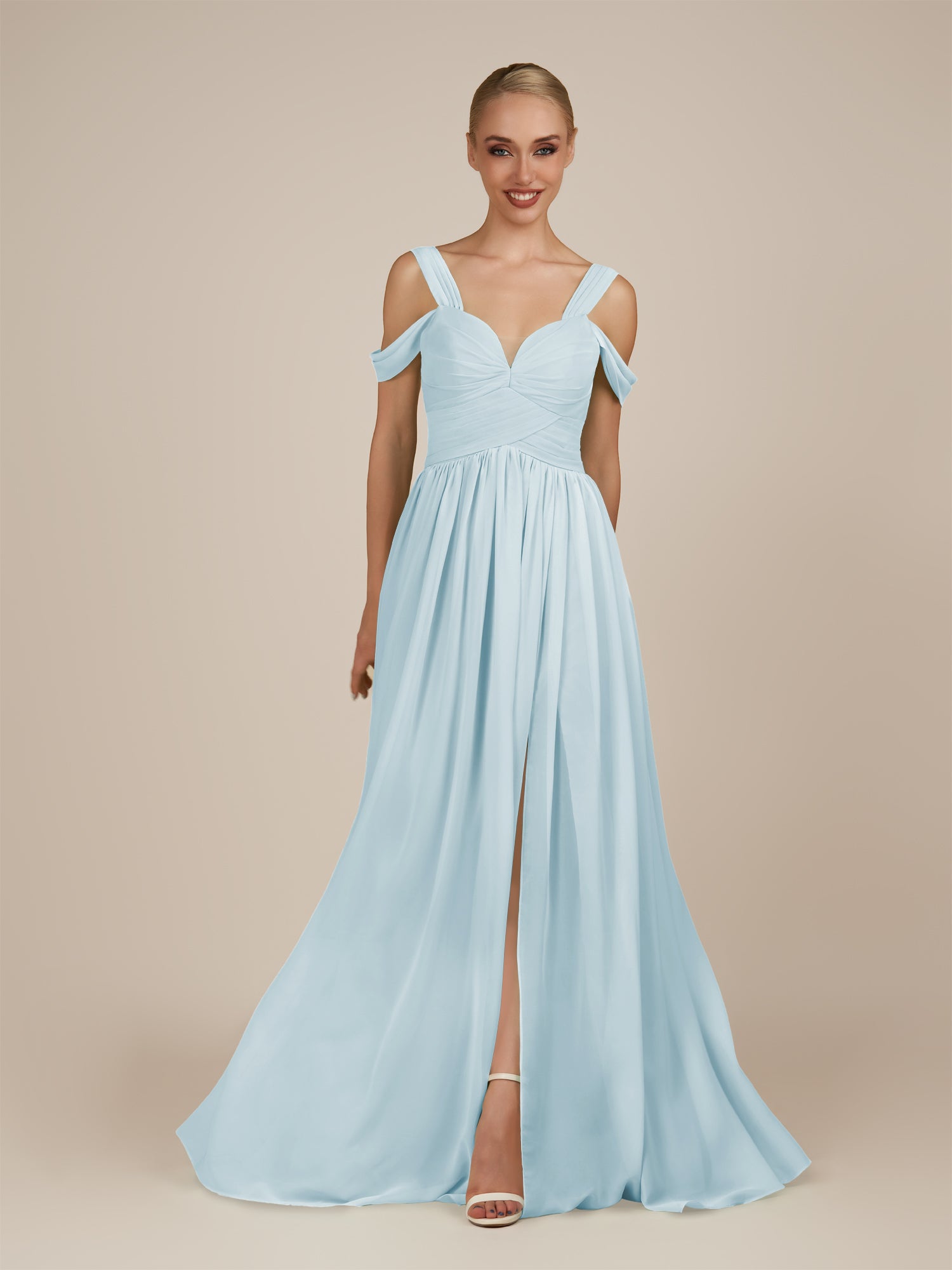 KissDress-Faye Sky Blue A Line Chiffon Off the Shoulder Pleated Long Bridesmaid Dress with Slit