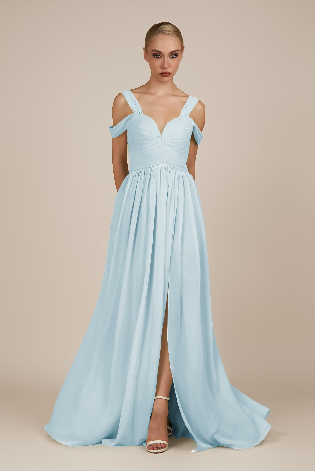 KissDress-Faye Sky Blue A Line Chiffon Off the Shoulder Pleated Long Bridesmaid Dress with Slit