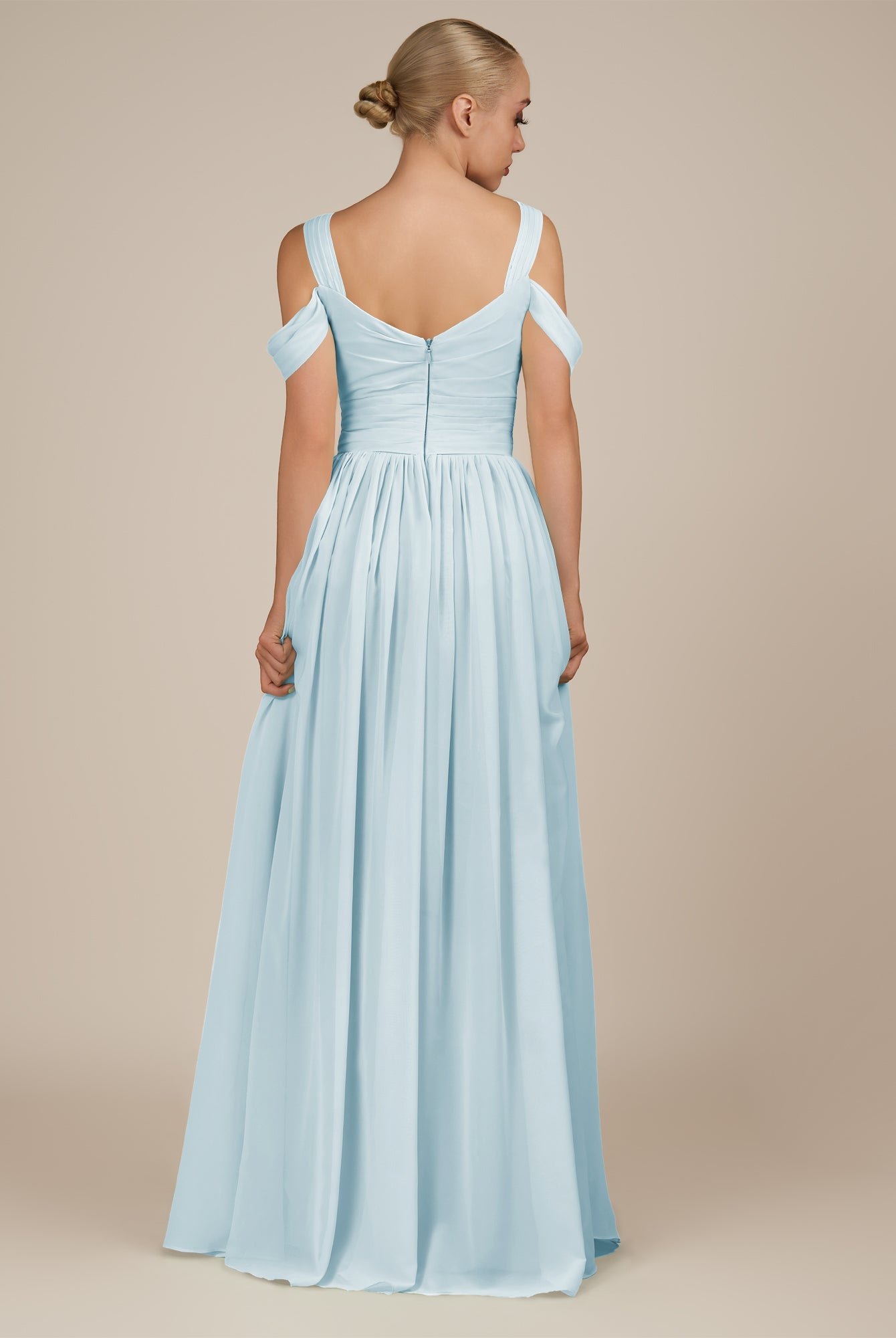 KissDress-Faye Sky Blue A Line Chiffon Off the Shoulder Pleated Long Bridesmaid Dress with Slit