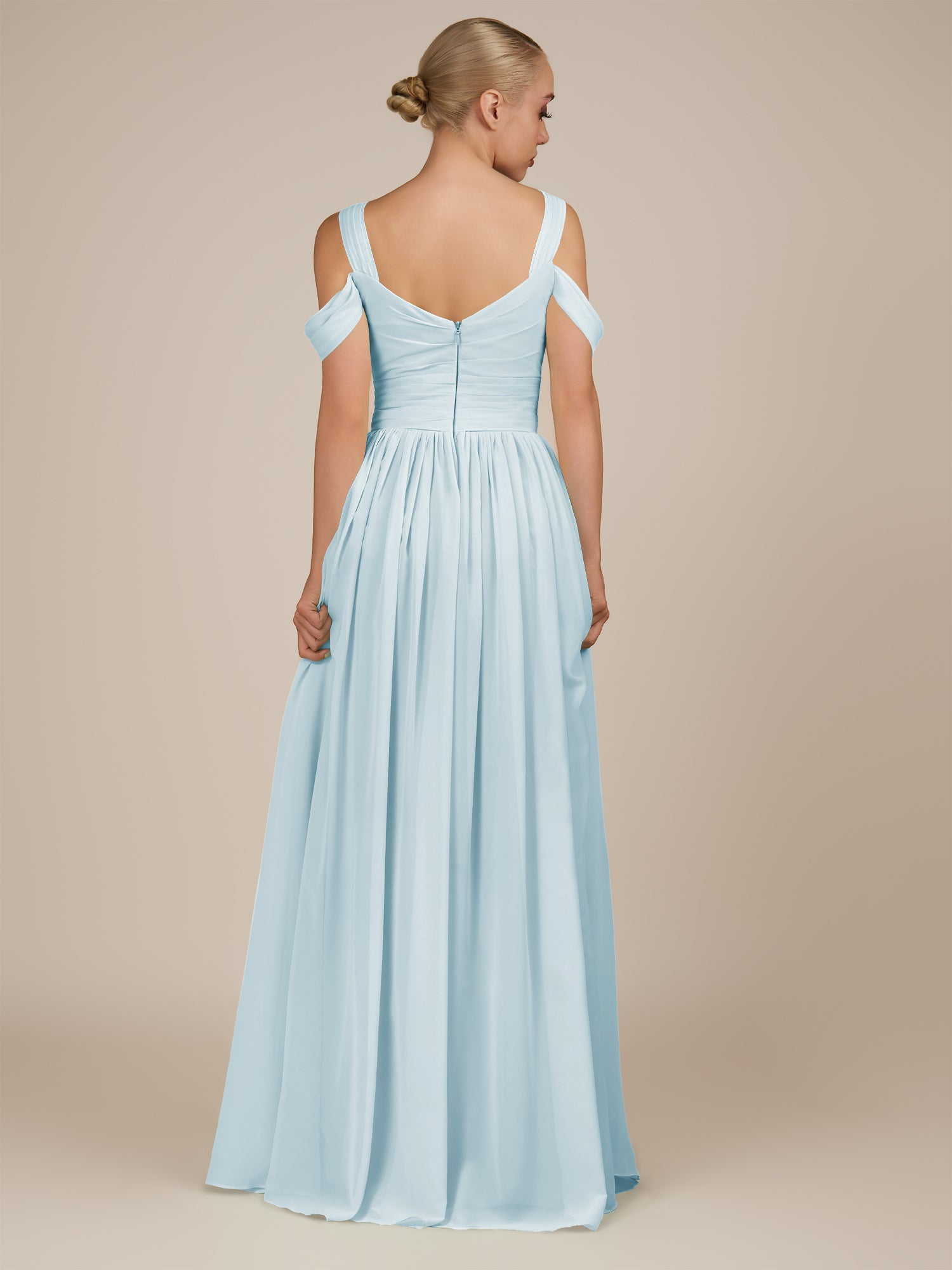 KissDress-Faye Sky Blue A Line Chiffon Off the Shoulder Pleated Long Bridesmaid Dress with Slit