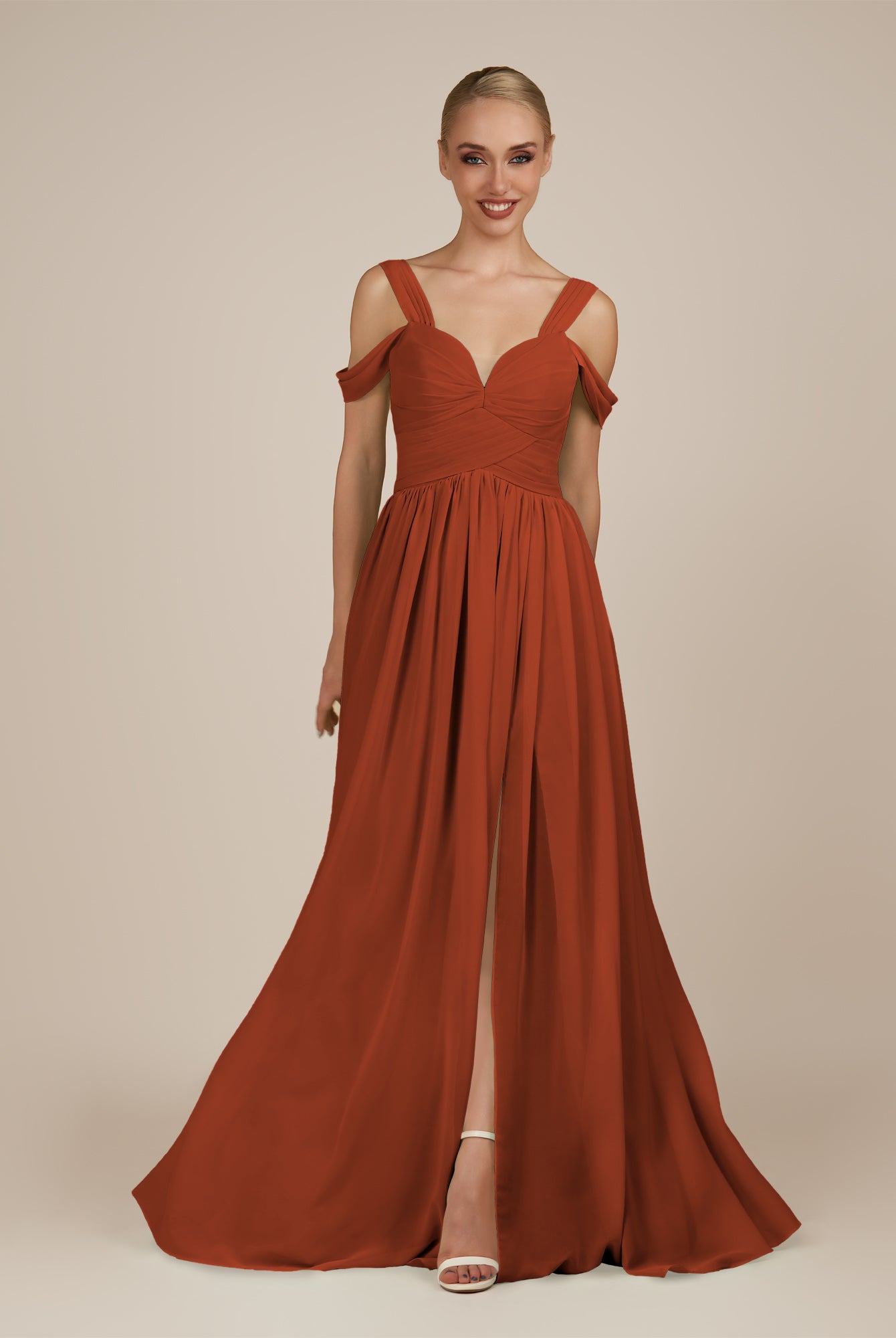 KissDress-Faye Spice A Line Chiffon Off the Shoulder Pleated Long Bridesmaid Dress with Slit