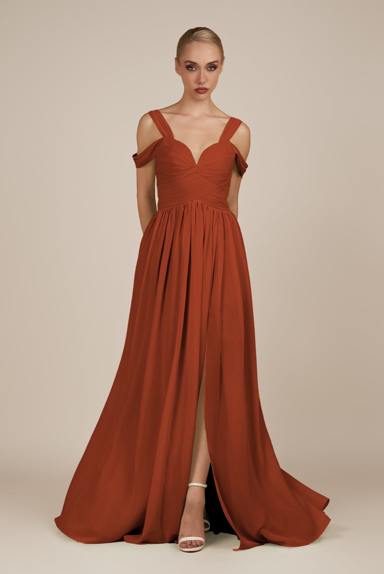 KissDress-Faye Spice A Line Chiffon Off the Shoulder Pleated Long Bridesmaid Dress with Slit