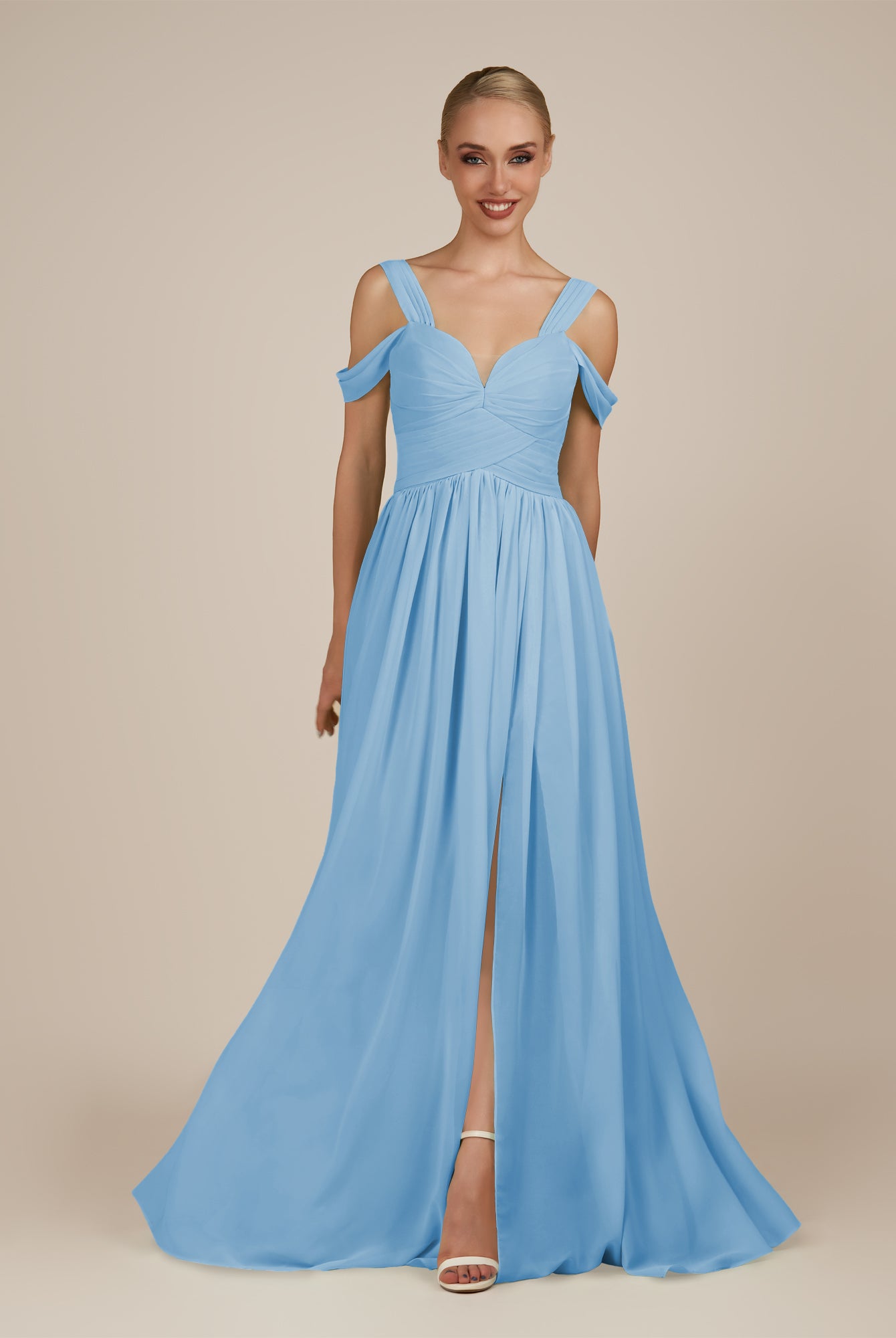 KissDress-Faye Steel Blue A Line Chiffon Off the Shoulder Pleated Long Bridesmaid Dress with Slit