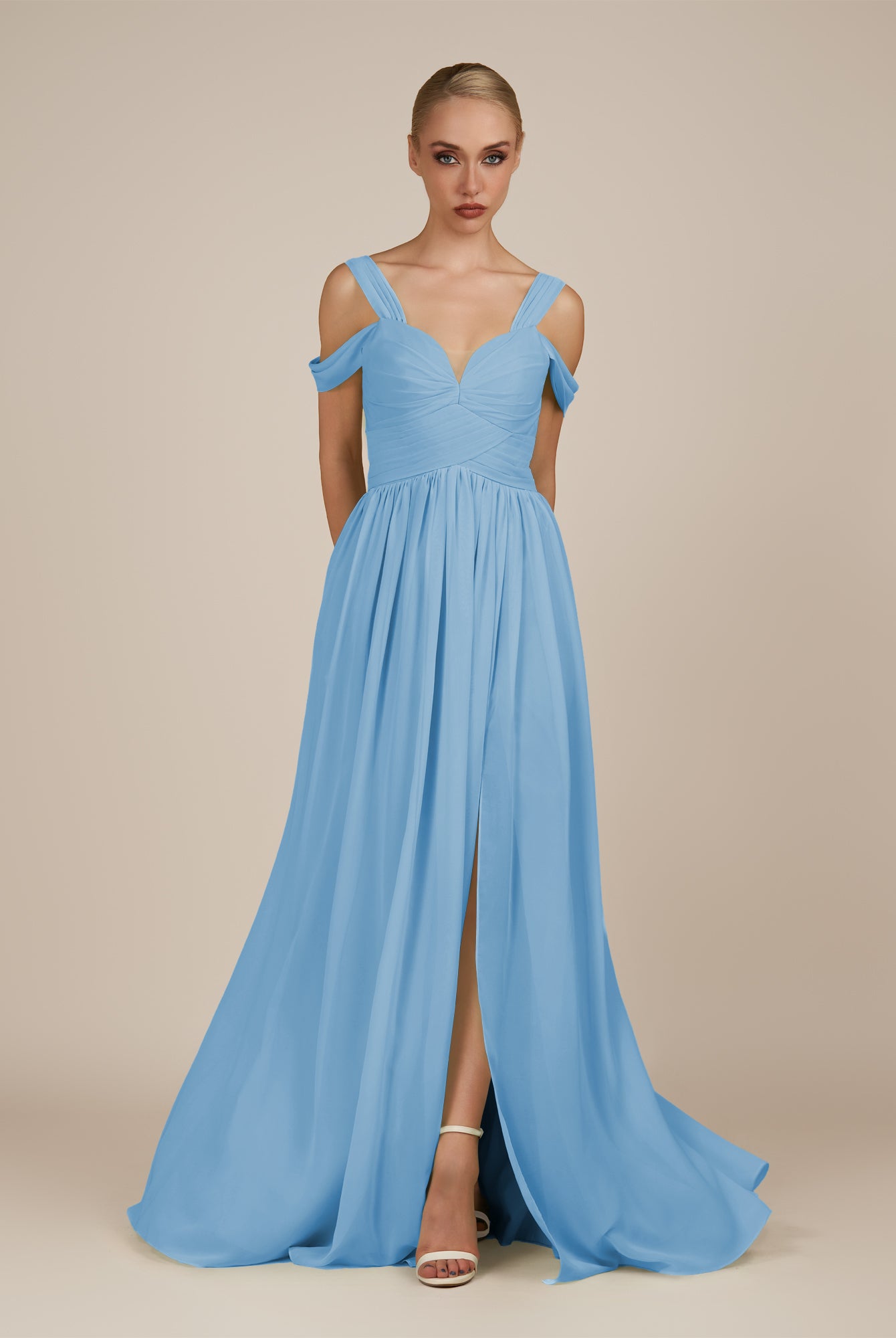 KissDress-Faye Steel Blue A Line Chiffon Off the Shoulder Pleated Long Bridesmaid Dress with Slit