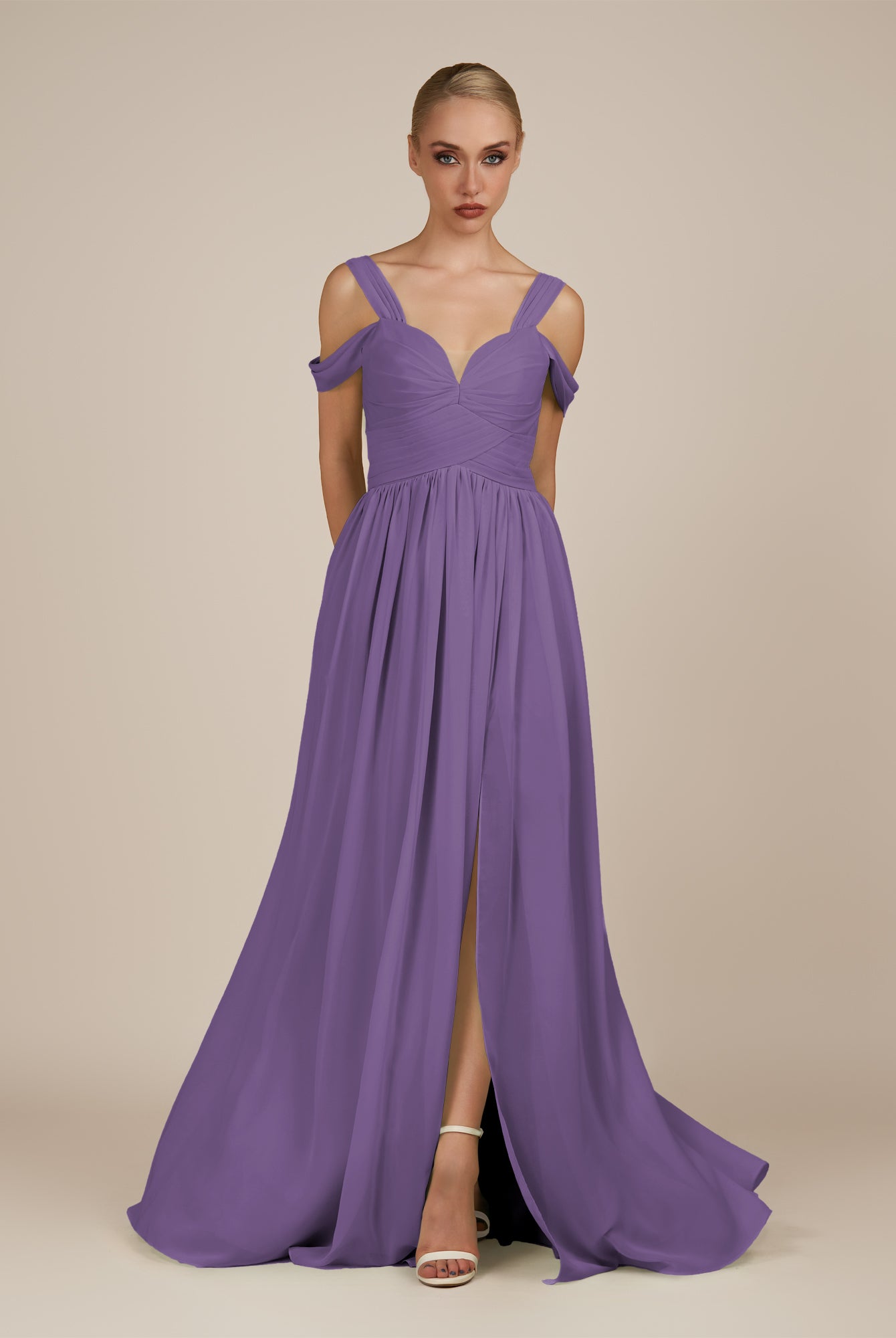 KissDress-Faye Tahiti A Line Chiffon Off the Shoulder Pleated Long Bridesmaid Dress with Slit