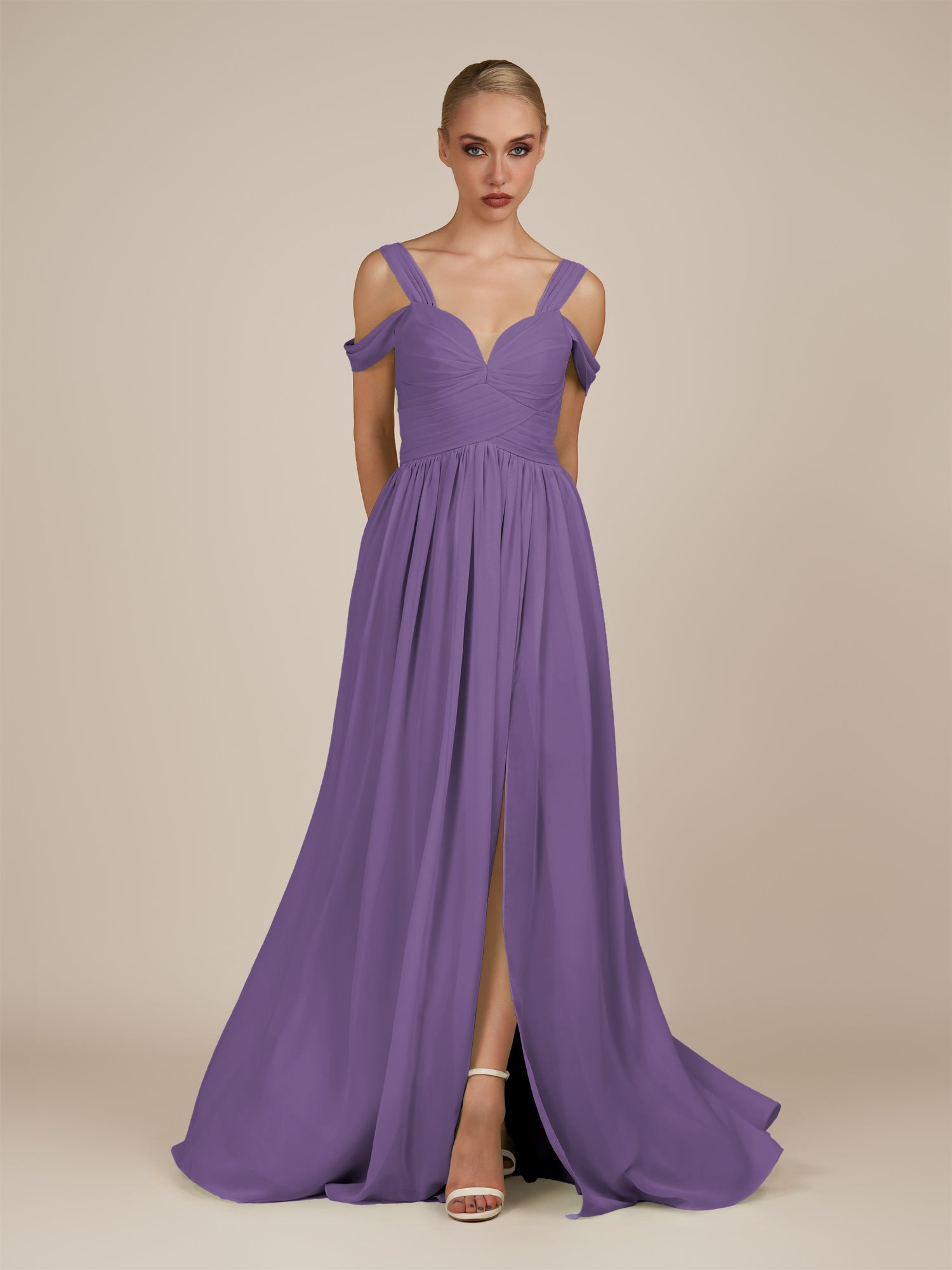 KissDress-Faye Tahiti A Line Chiffon Off the Shoulder Pleated Long Bridesmaid Dress with Slit