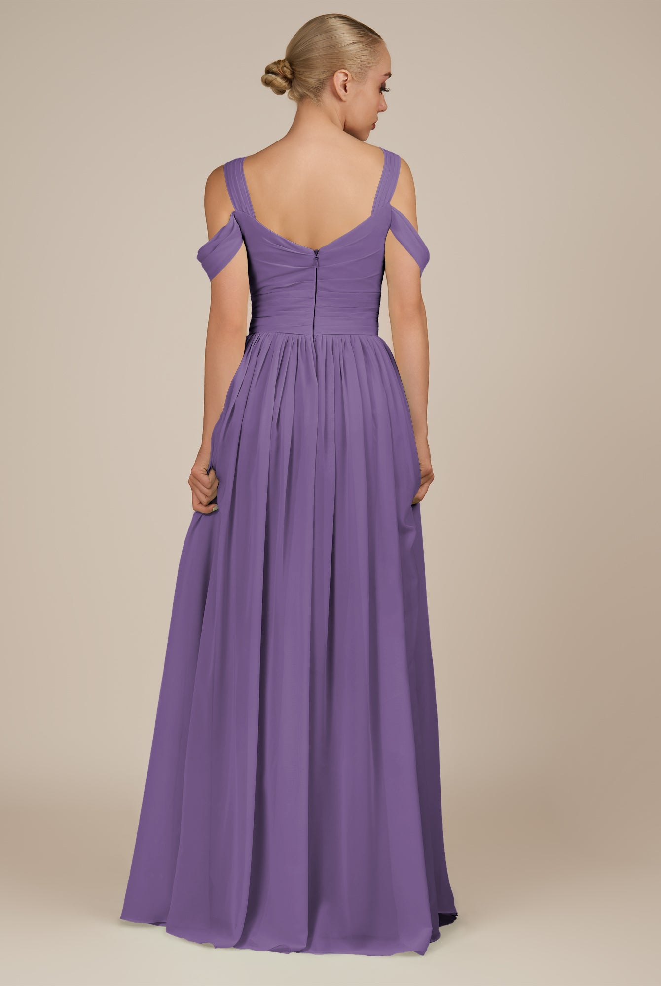 KissDress-Faye Tahiti A Line Chiffon Off the Shoulder Pleated Long Bridesmaid Dress with Slit