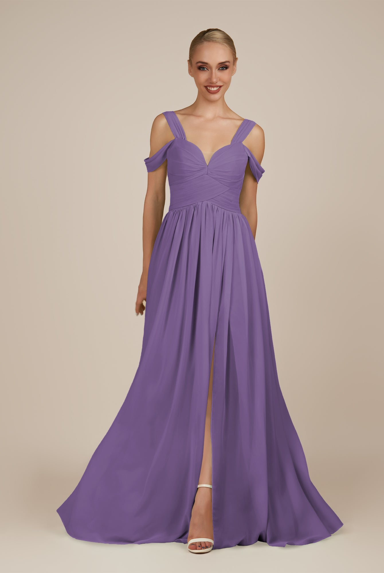 KissDress-Faye Tahiti A Line Chiffon Off the Shoulder Pleated Long Bridesmaid Dress with Slit