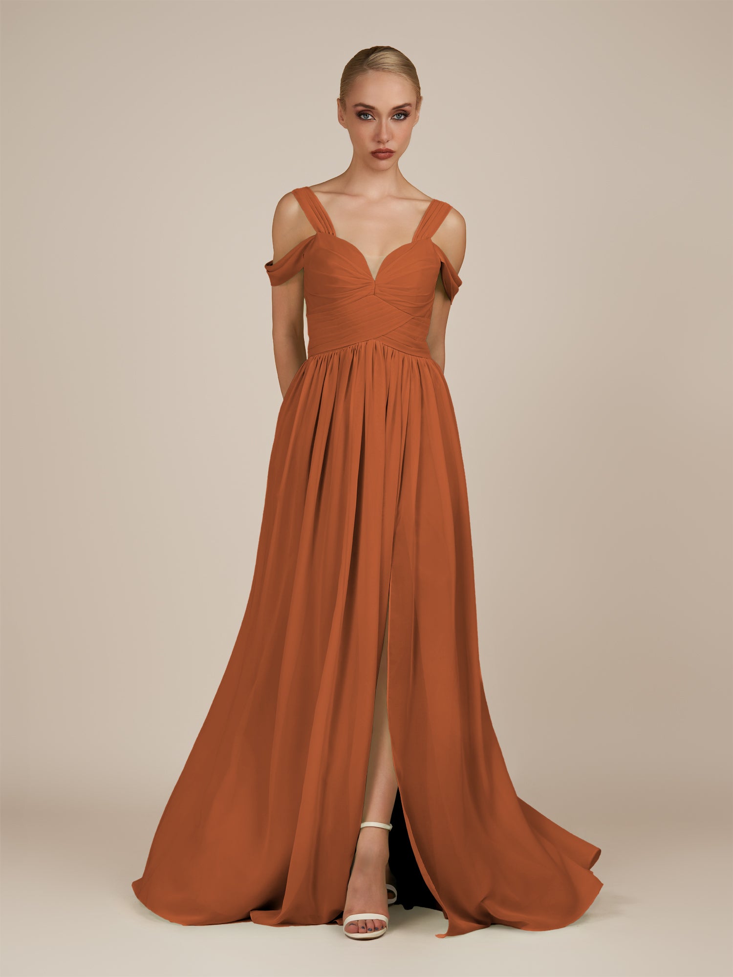KissDress-Faye Terracotta A Line Chiffon Off the Shoulder Pleated Long Bridesmaid Dress with Slit