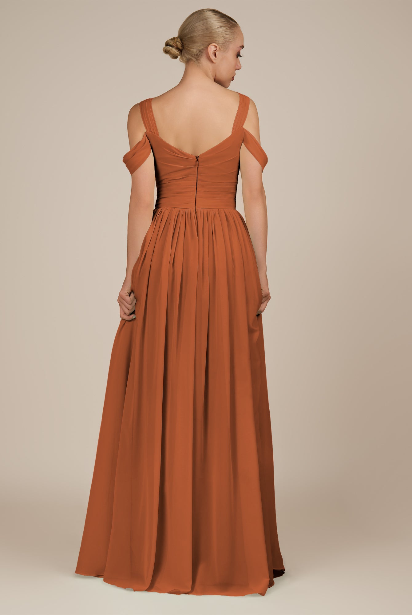 KissDress-Faye Terracotta A Line Chiffon Off the Shoulder Pleated Long Bridesmaid Dress with Slit