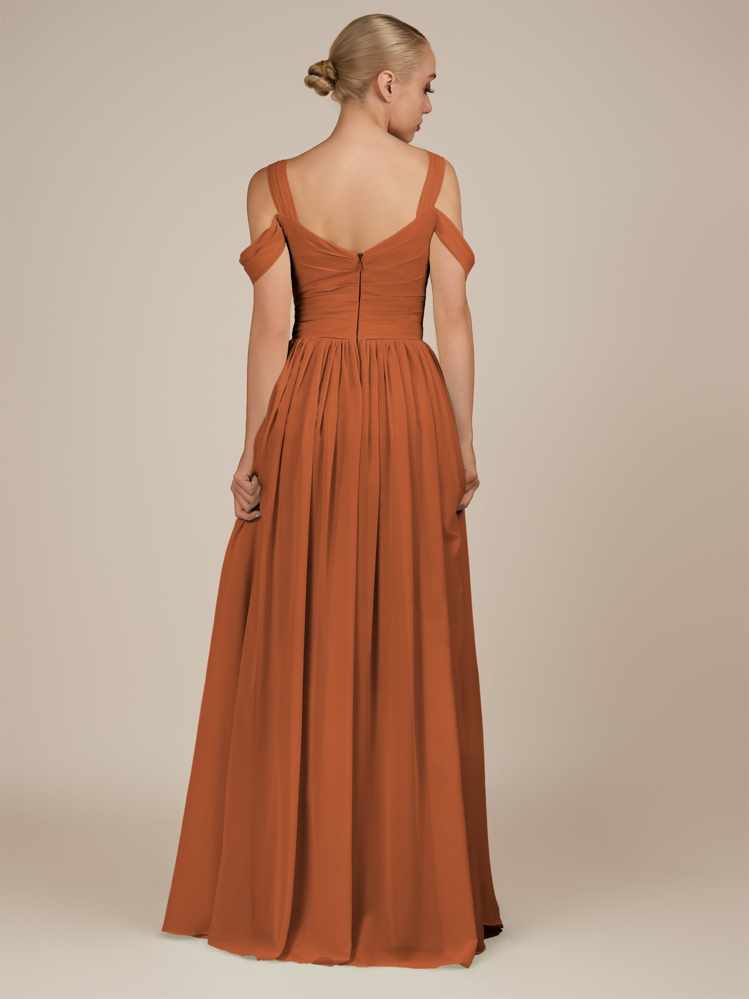 KissDress-Faye Terracotta A Line Chiffon Off the Shoulder Pleated Long Bridesmaid Dress with Slit