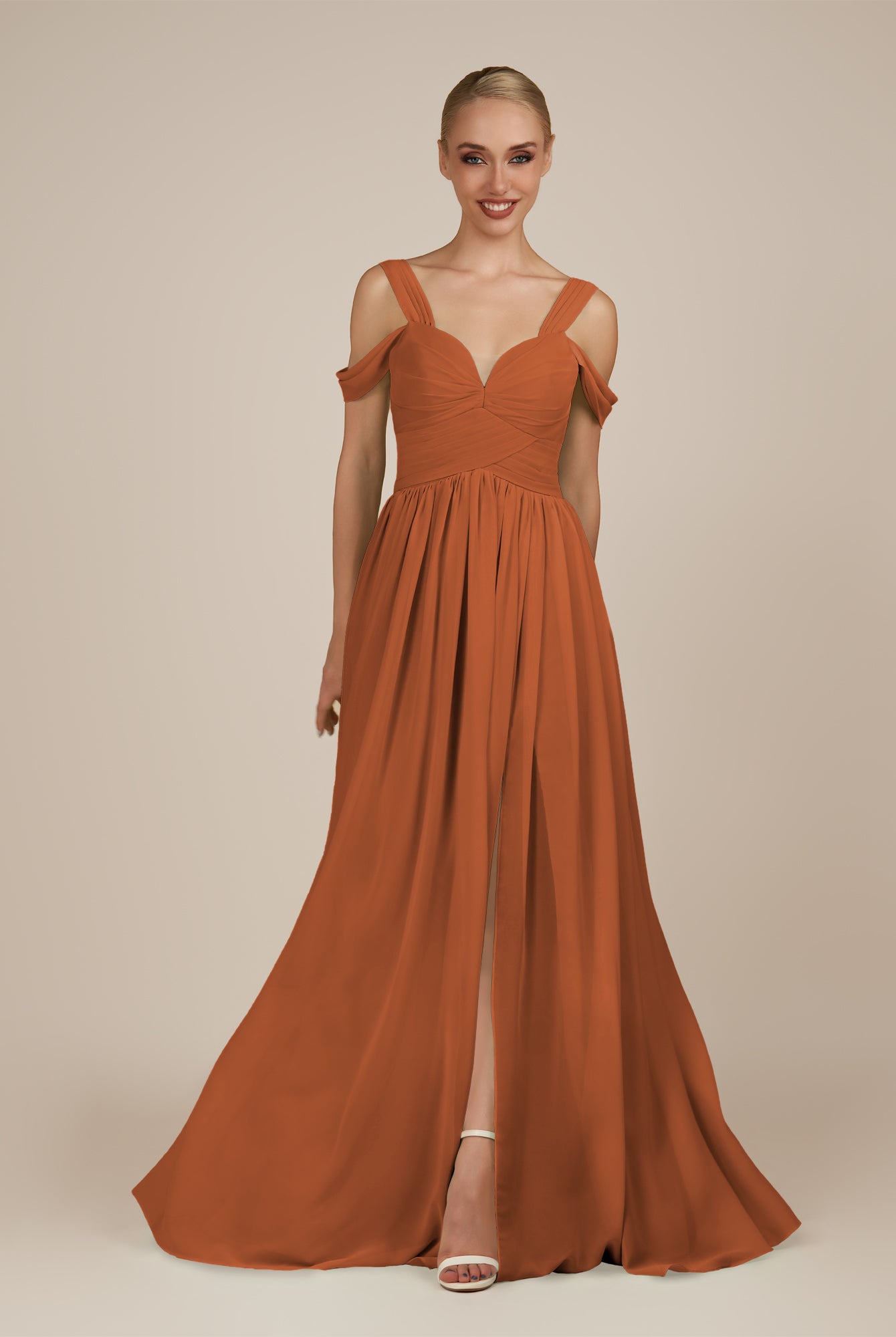 KissDress-Faye Terracotta A Line Chiffon Off the Shoulder Pleated Long Bridesmaid Dress with Slit