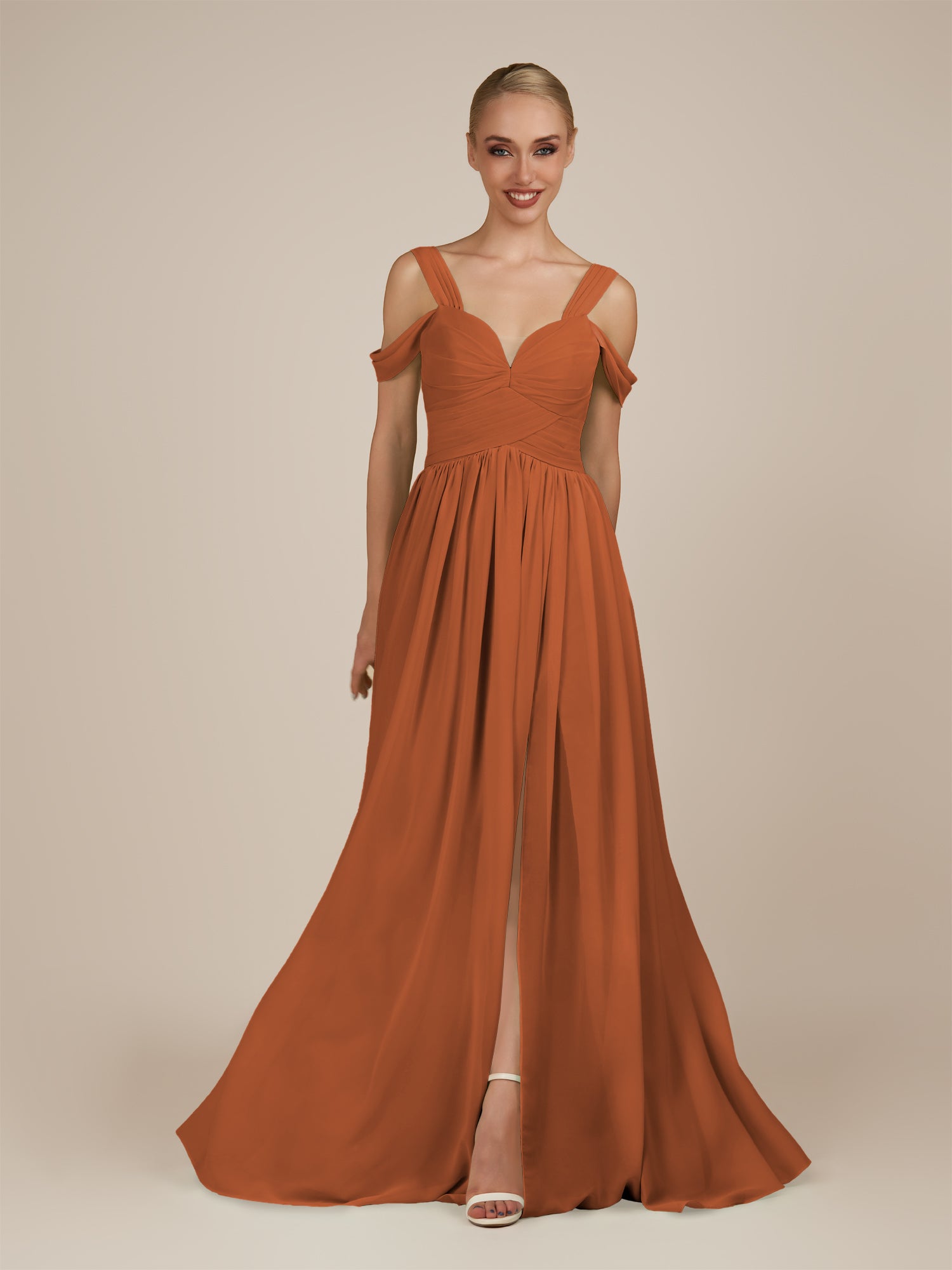 KissDress-Faye Terracotta A Line Chiffon Off the Shoulder Pleated Long Bridesmaid Dress with Slit